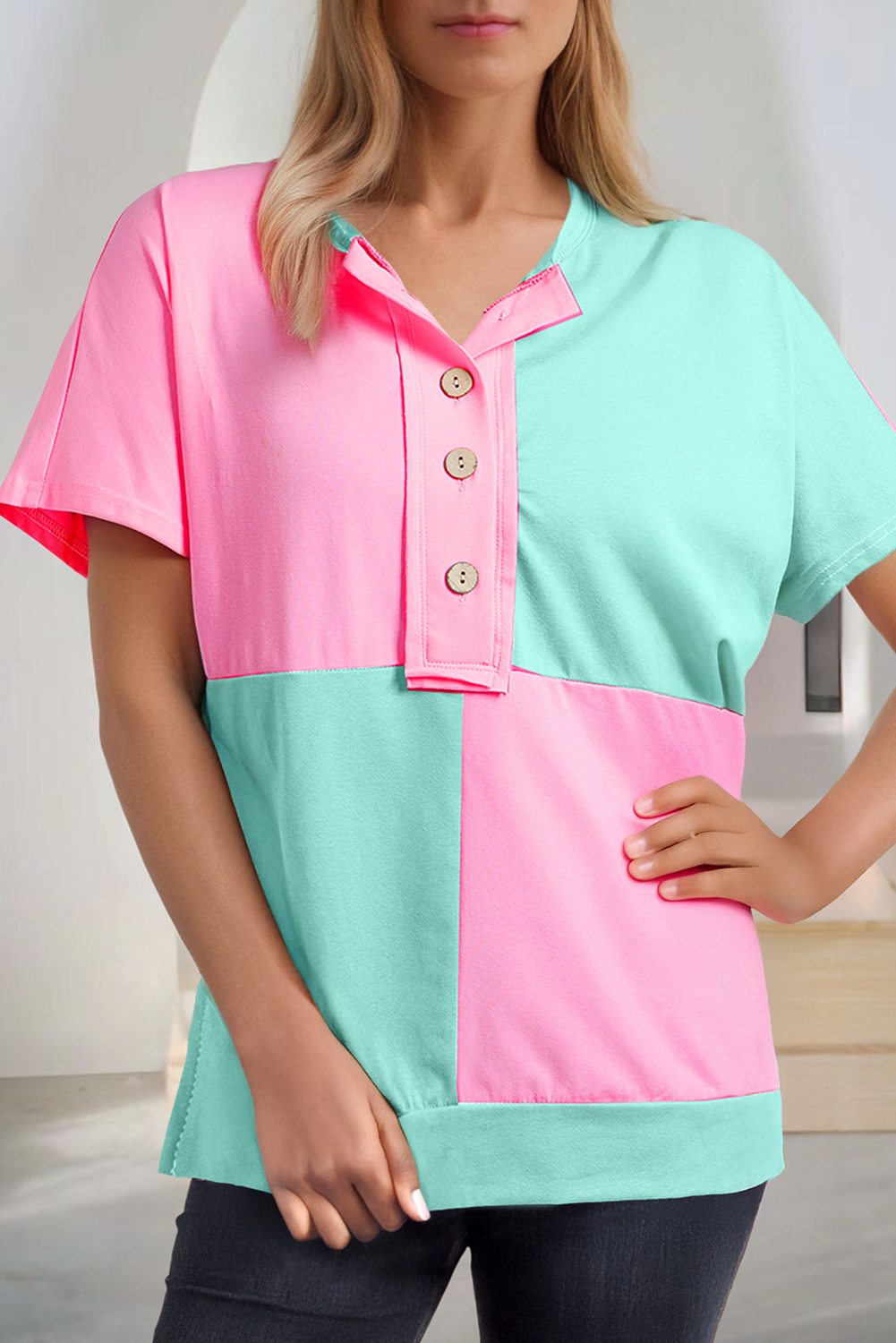Two Tone Collared Half Button T Shirt (S-Xl)
