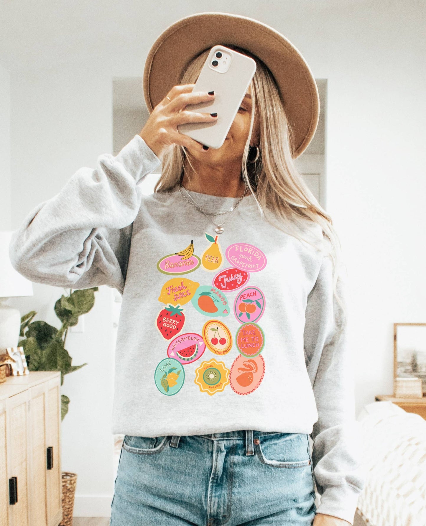 Fruit Stickers Crew Neck Sweatshirt
