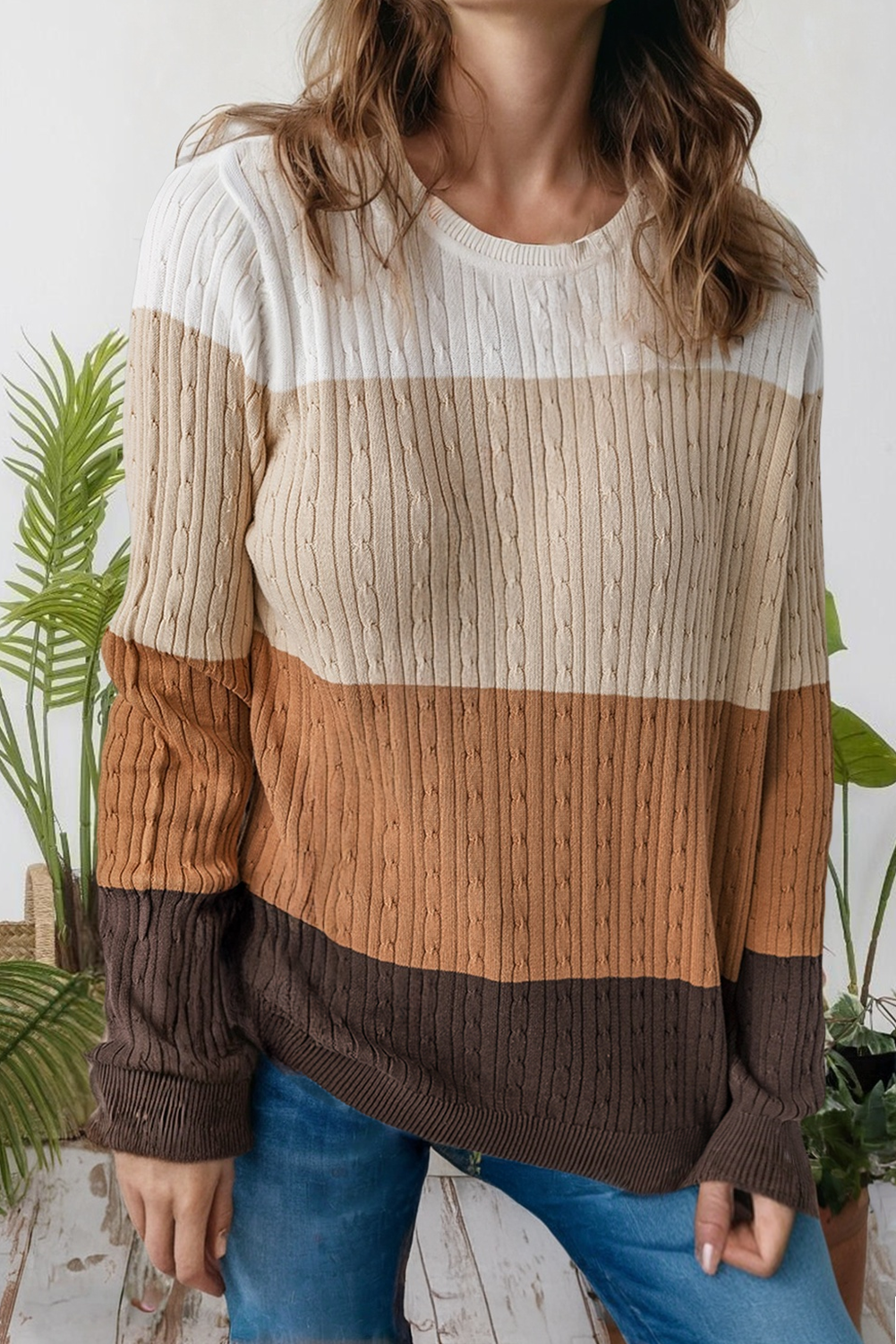 Orange Colorblock Cable Knit Round Neck Sweater (S-Xl)