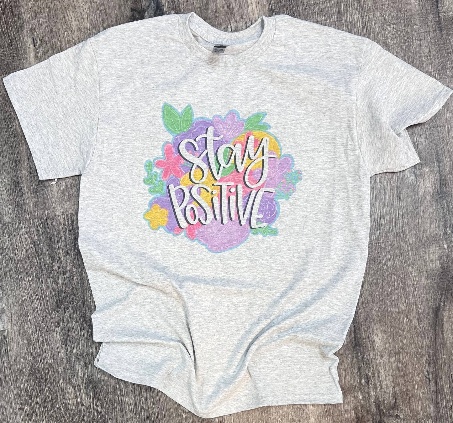 Stay Positive Purple Floral On Ash Gray Tee