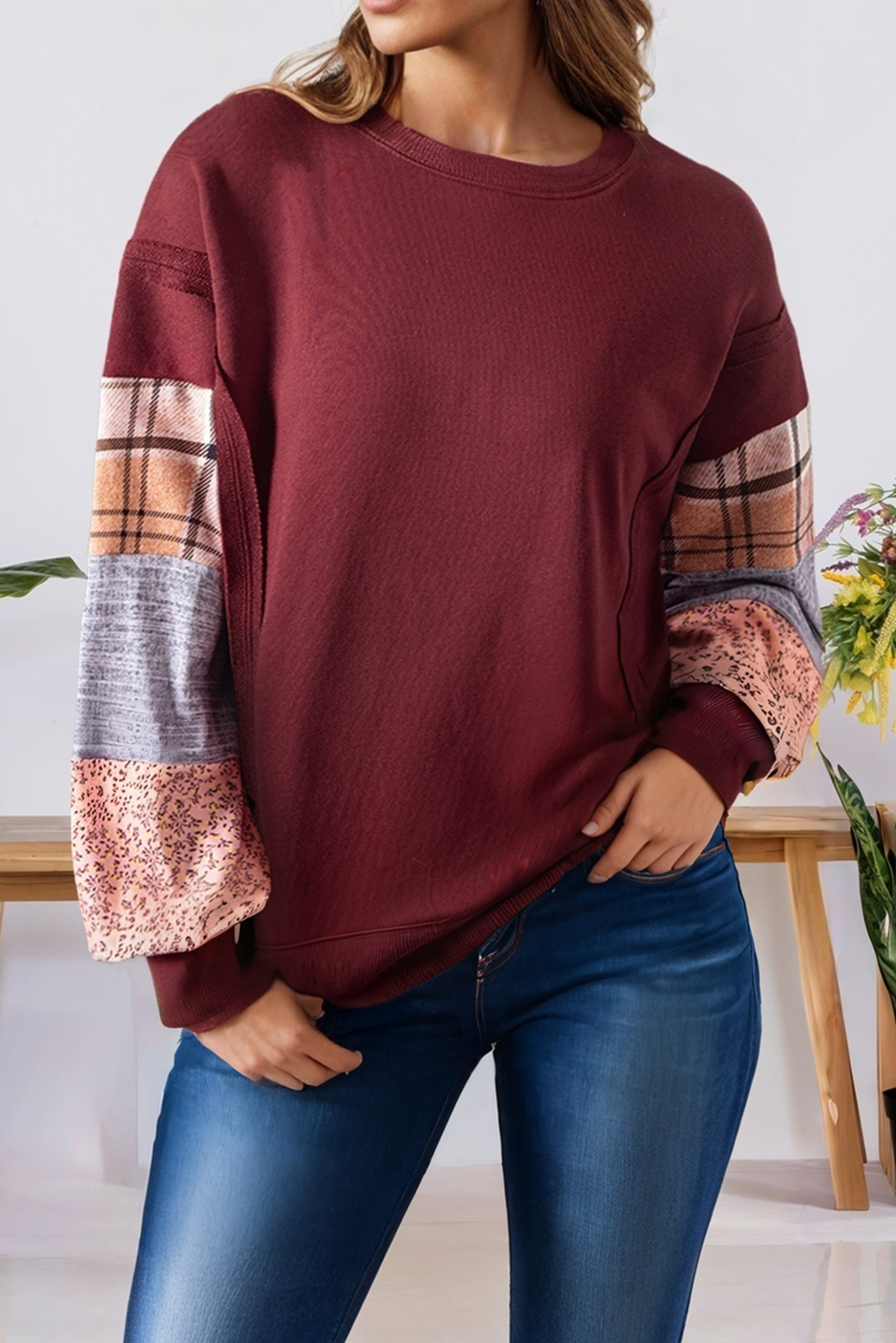 Plaid Colorblock Patchwork Sleeve Raw Seam Sweatshirt (S-Xl)