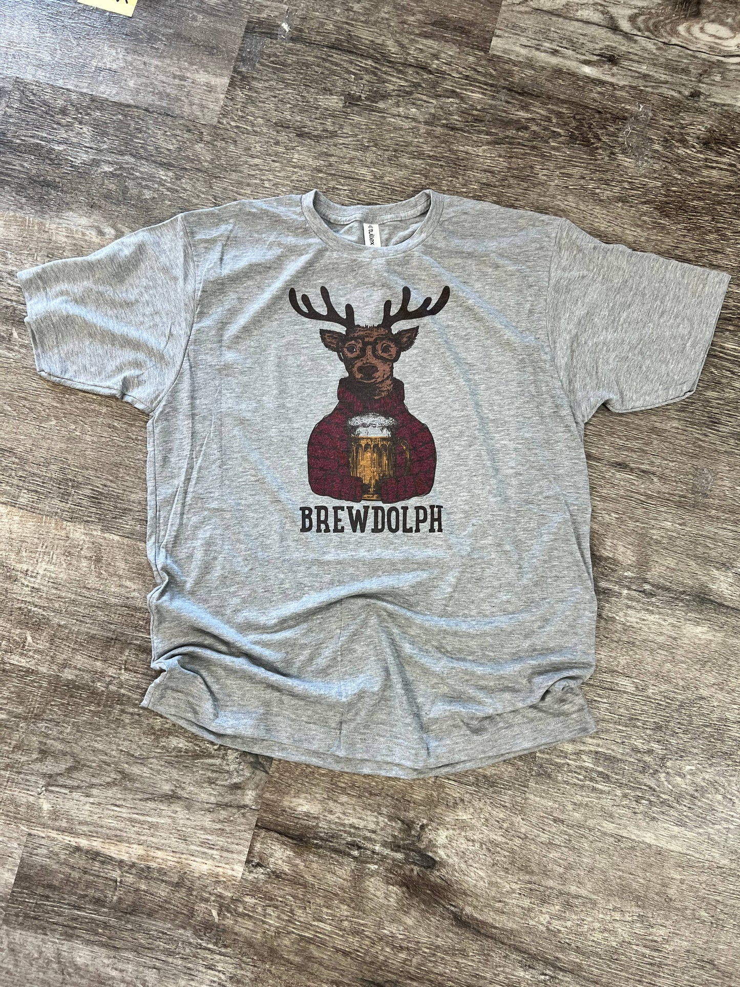 Brewdolph- Reindeer with Beer On Heather Gray Tee