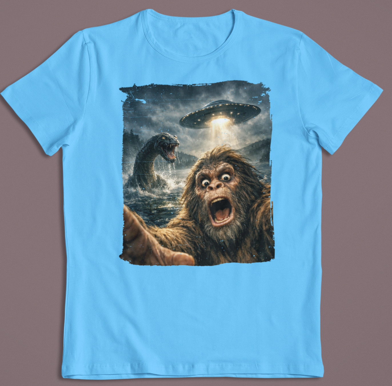 Bigfoot Selfie with UF0 and Nessie Loch Ness Monster Tshirt