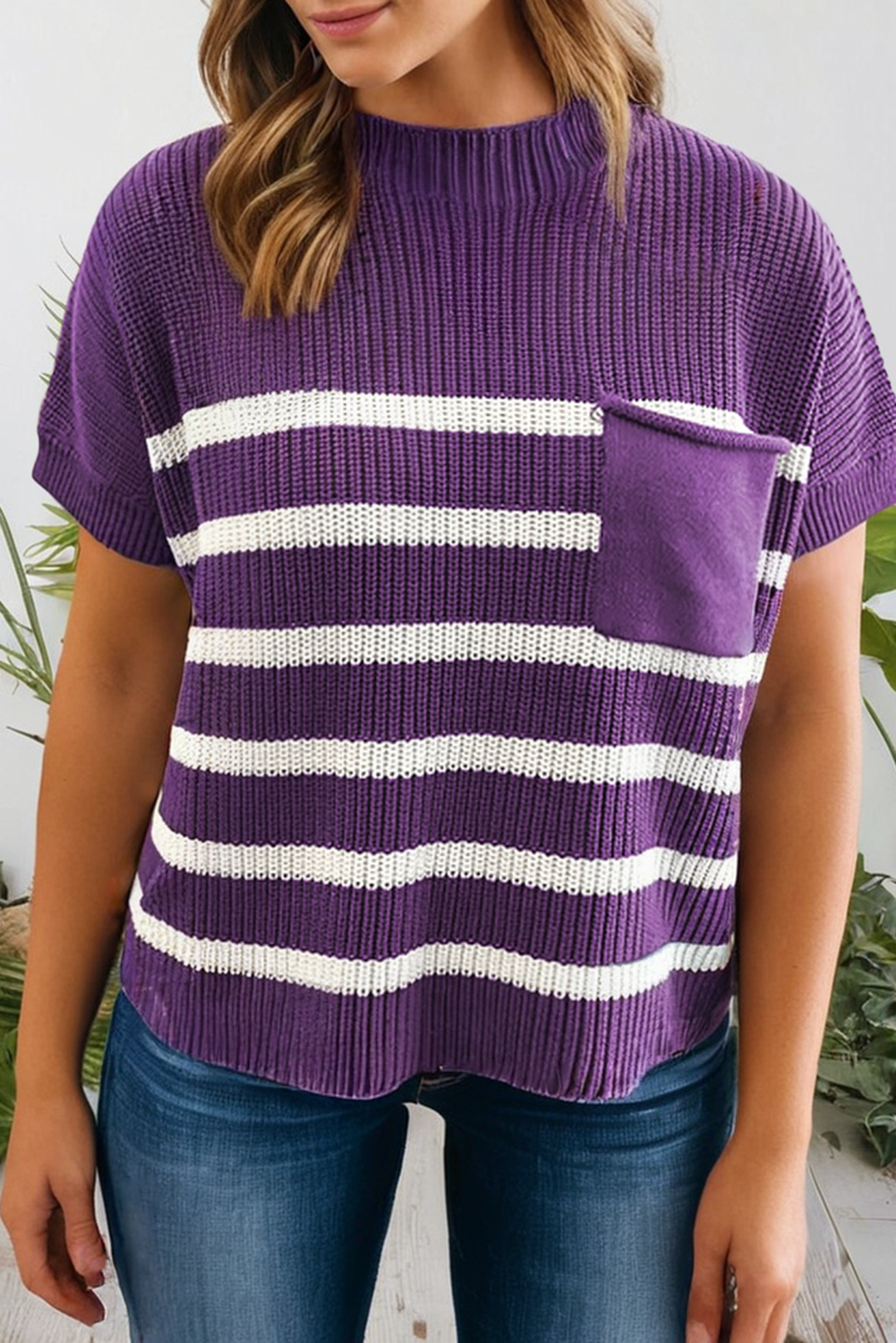 Stripe Raw Edge Patched Pocket Short Sleeve Sweater (S-Xl)
