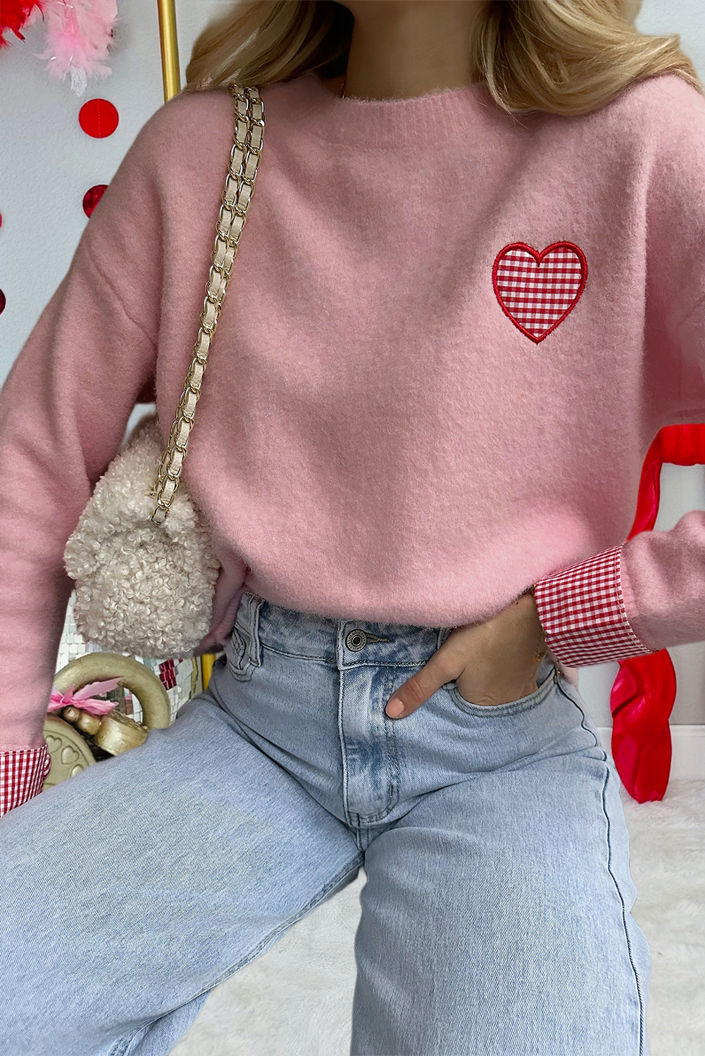 Plaid Heart Embroidered Cuffed Drop Shoulder Sweater (S-Xl)