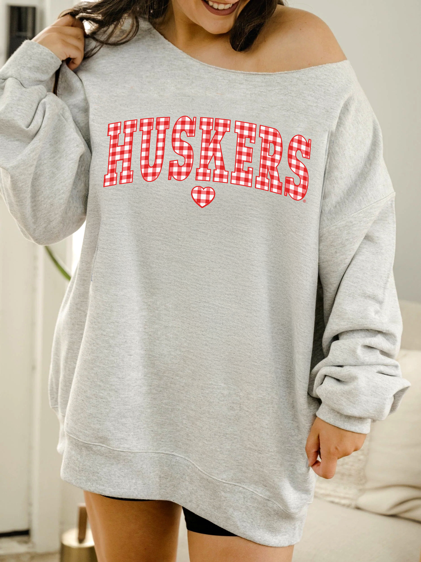 Nebraska Huskers Gingham Heart Gray Flashdance Sweatshirt