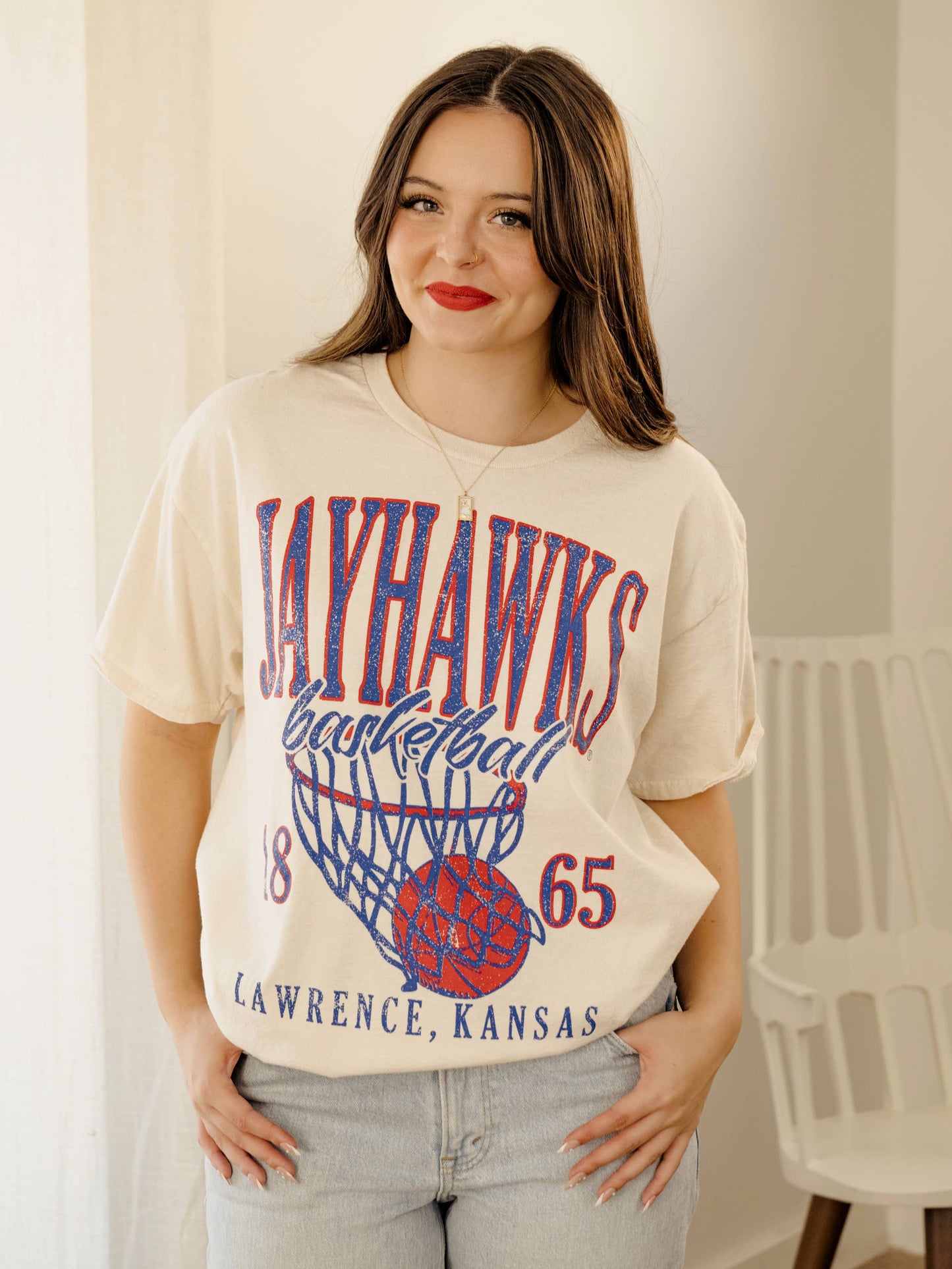 Ku Kansas Jayhawks Big Basketball Off White Thrifted Tee