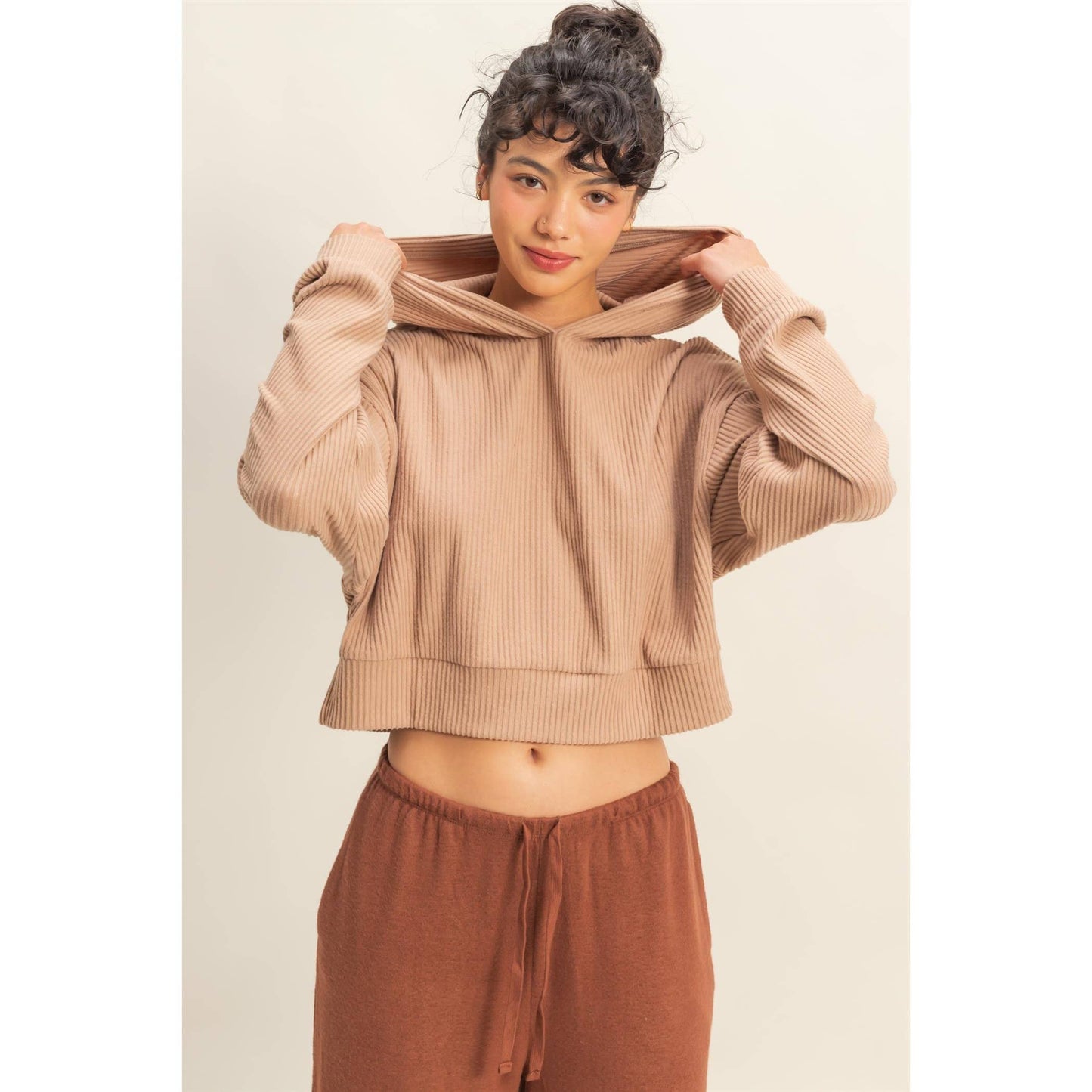 Drop Shoulder Casual Cropped Ribbed Hoodie