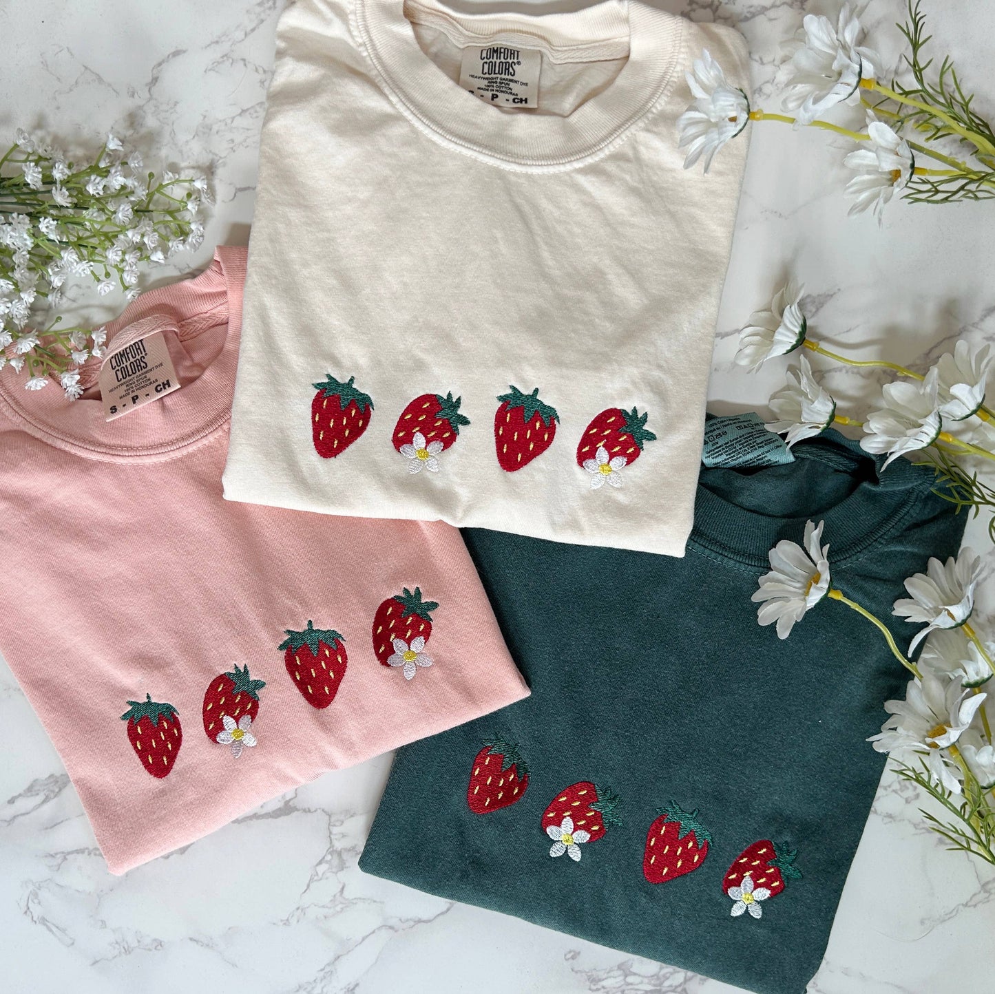 Embroidered Strawberry Tshirt, Spring Floral Strawberry
