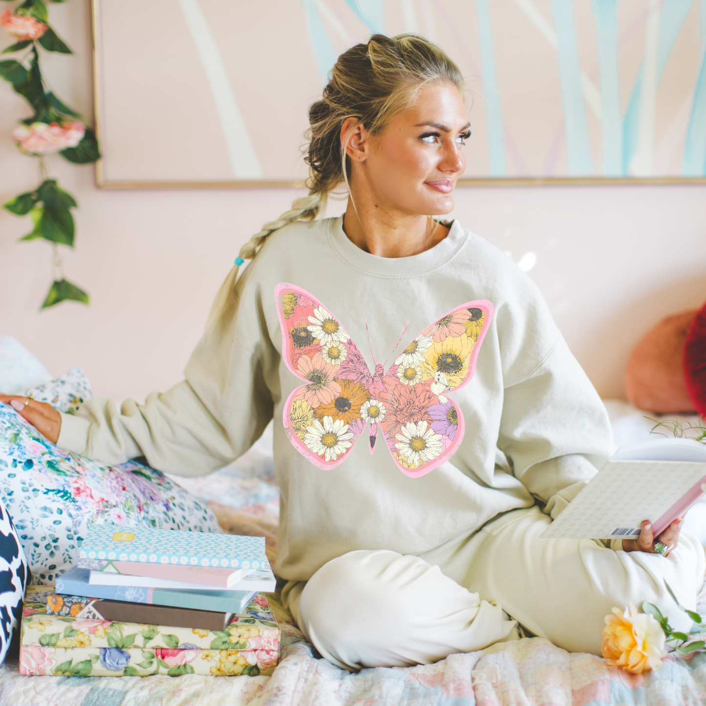 Floral Boho Butterfly Graphic Tee Crewneck