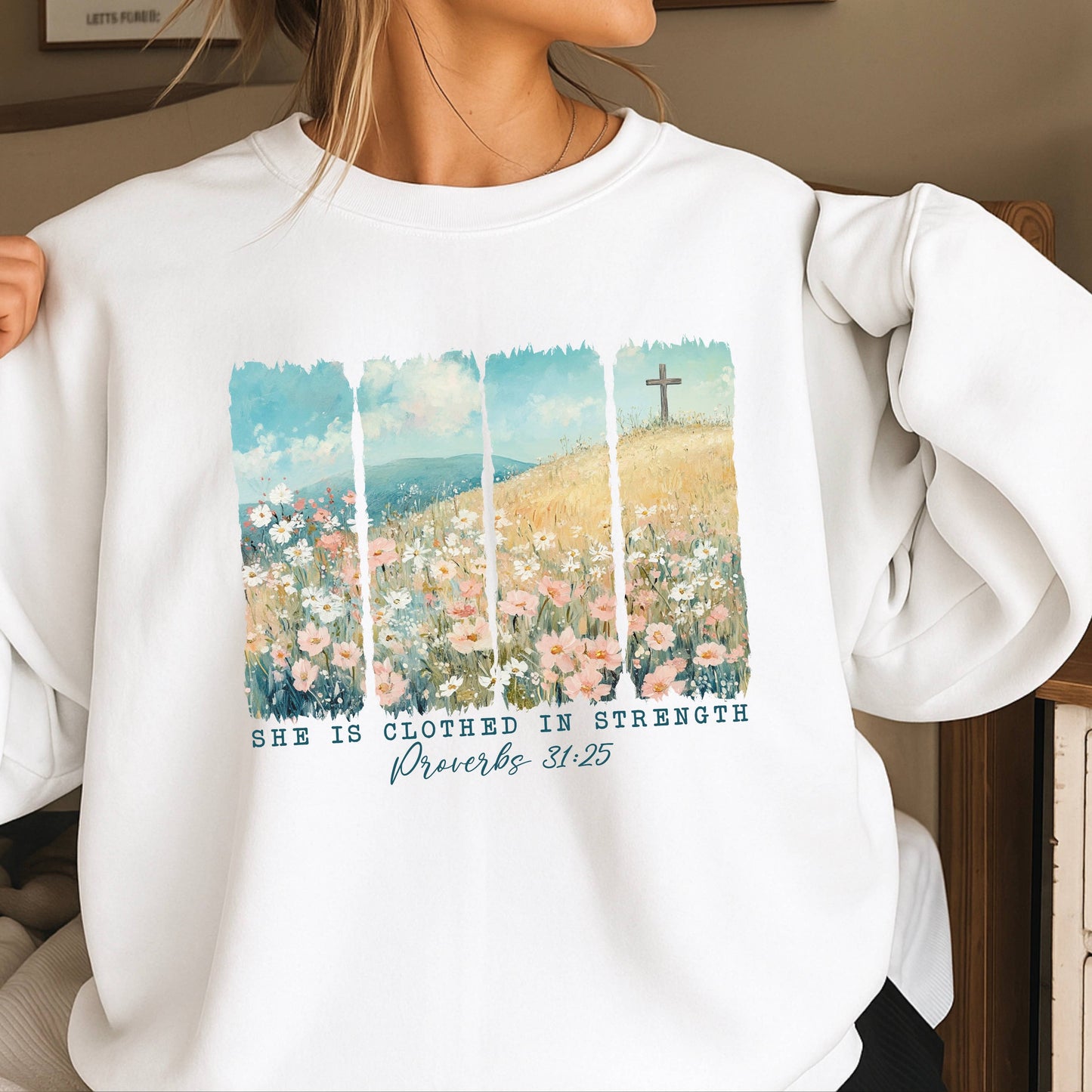 She Is Clothed Proverbs Christian Sweatshirt | Gildan Brand