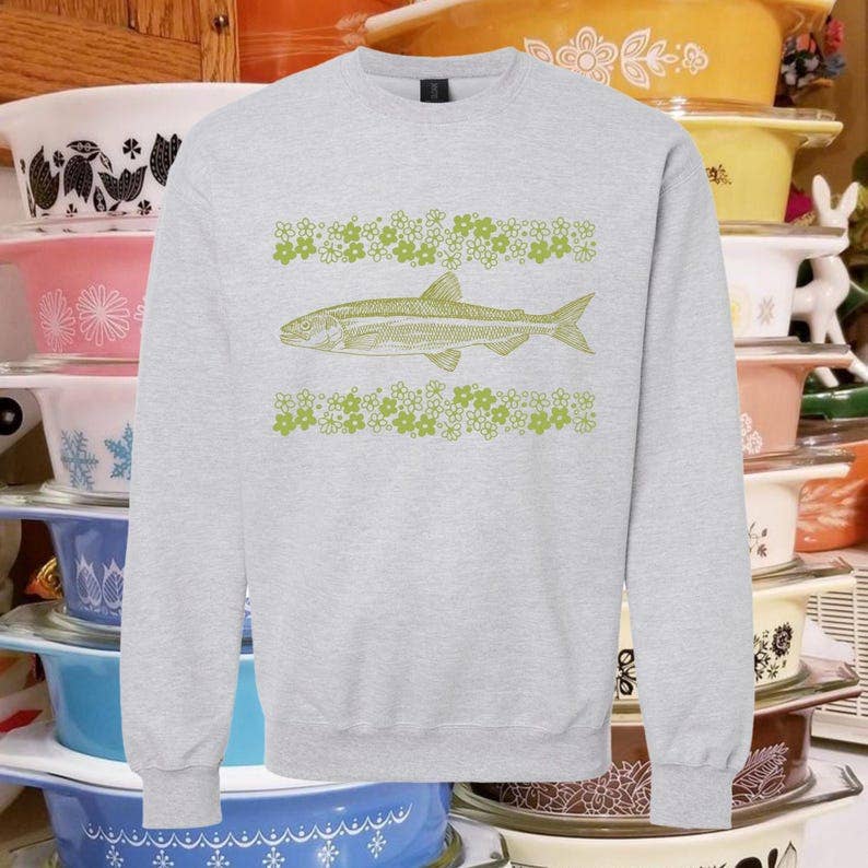Floral Trout Sweatshirt, Vintage Dish Pattern Sweatshirt