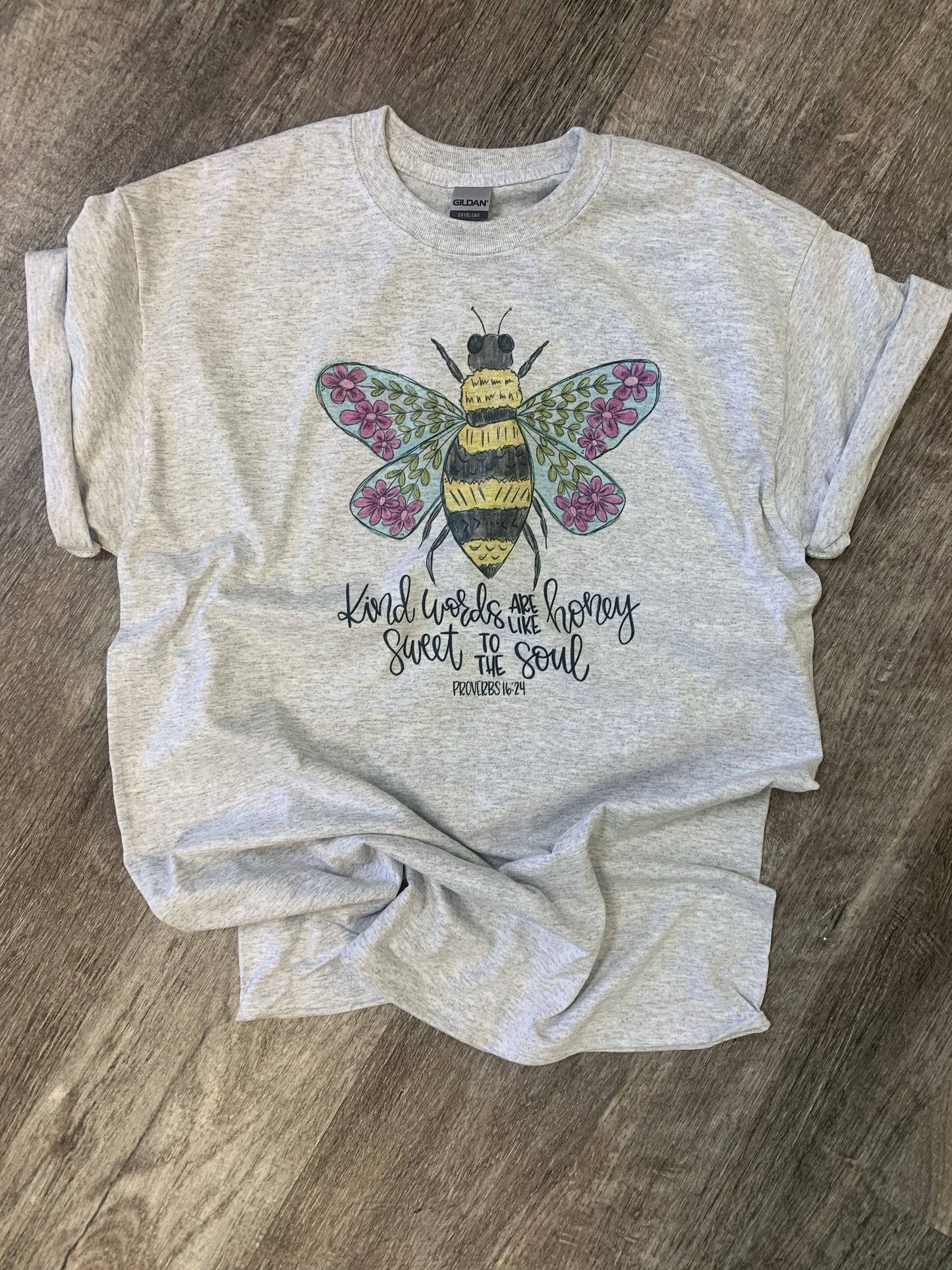 Kind Words Are Like Honey Floral Bee On Ash Gray Tee