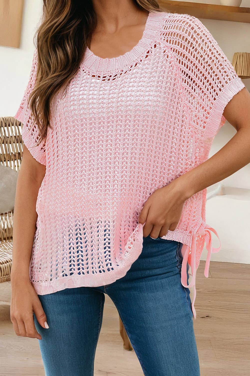 Hollow-Out Crochet Side Tied Short Sleeve Sweater (S-Xl)