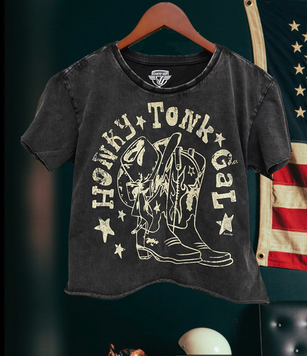 Honky Tonk Gal Boots Regular Cropped Acid Wash T-Shirt