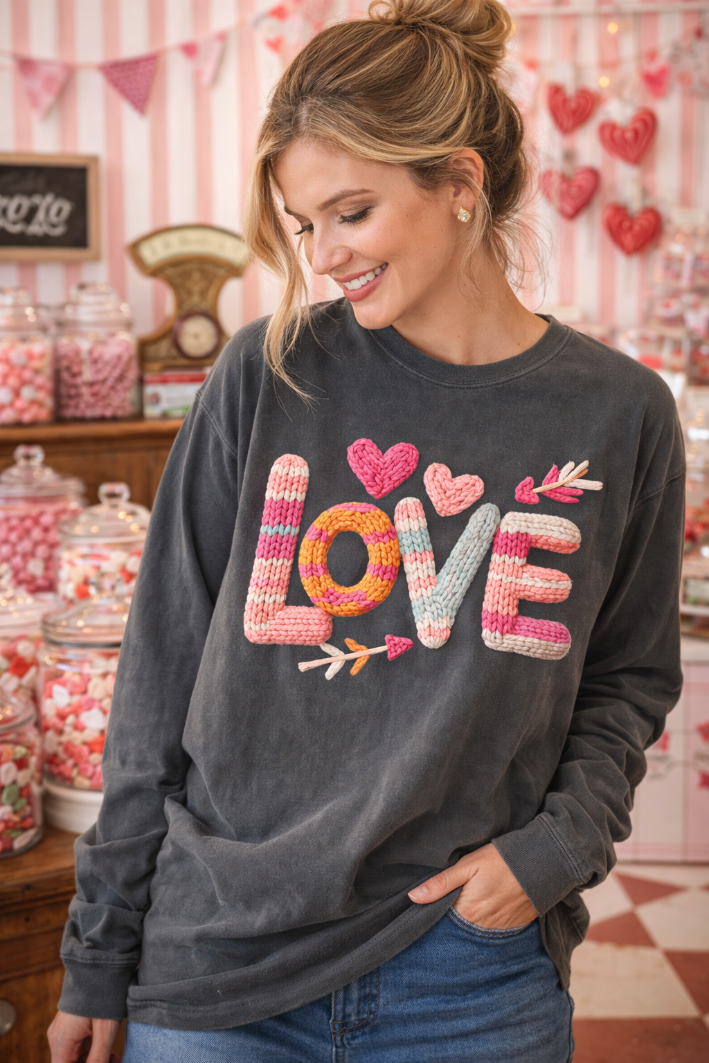 Love Faux Yarn Printed Long Sleeve Tee