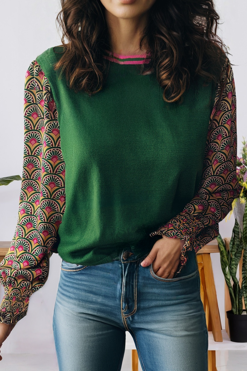 Floral Patchwork Shirred Cuff Puff Sleeve Sweater (S-Xl)