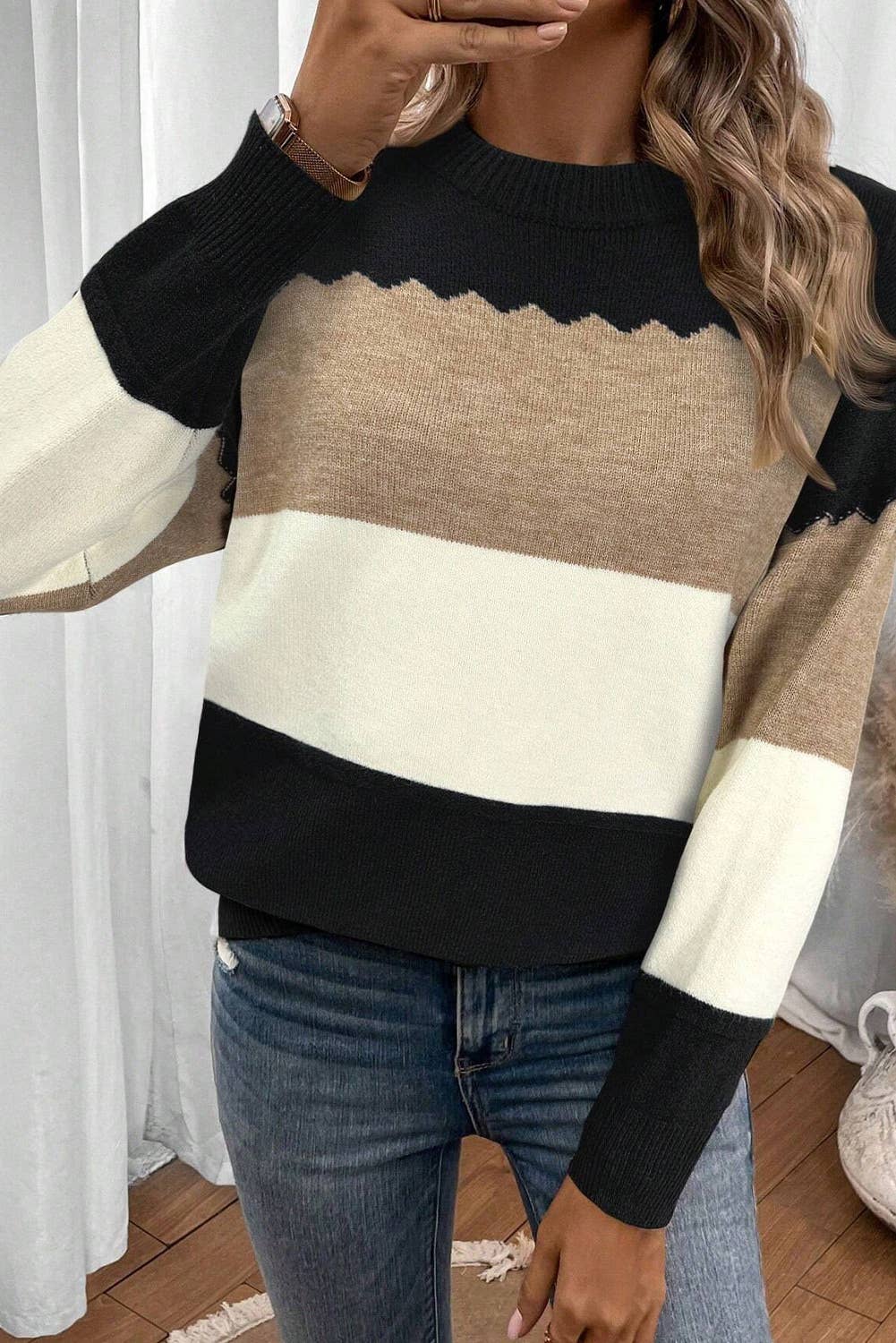 Colorblock Crew Neck Drop Shoulder Sweater For Women