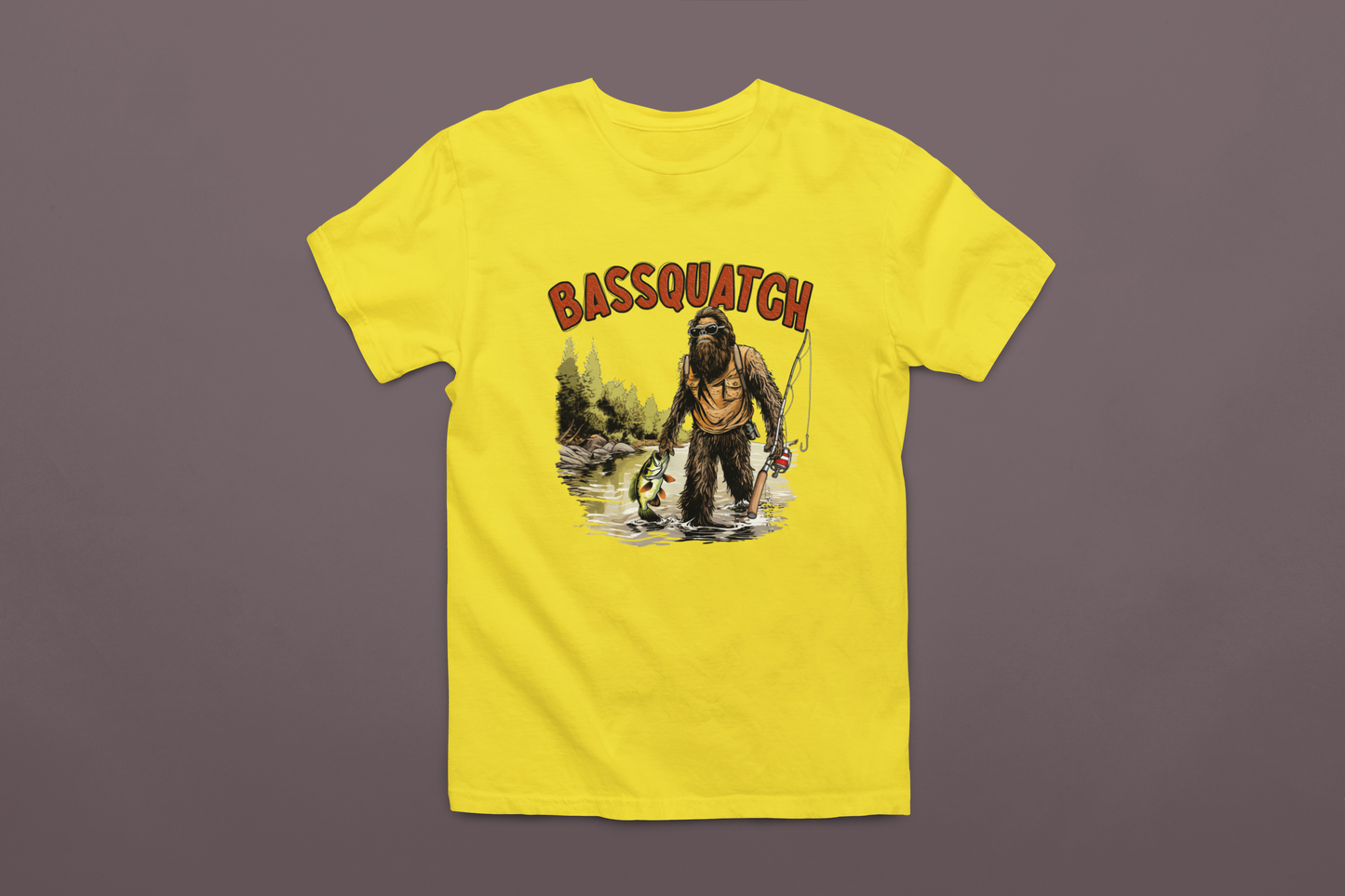 Bassquatch Fishing T-Shirt (Gildan Yellow or Blue)