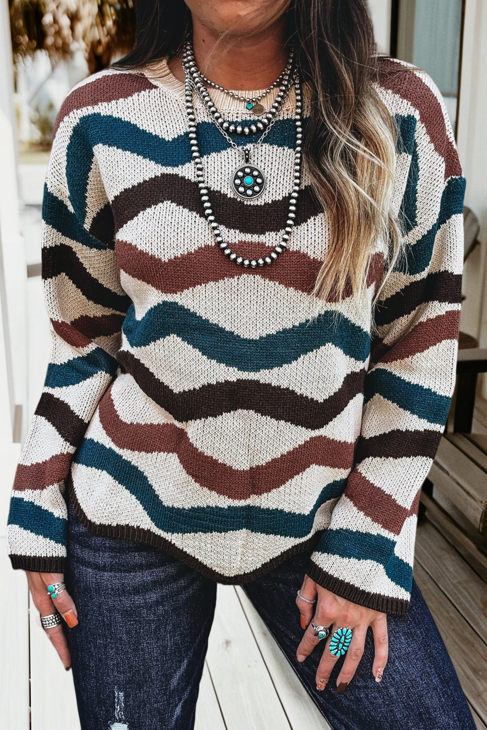 Retro Wave Print Western Sweater (S-Xl)