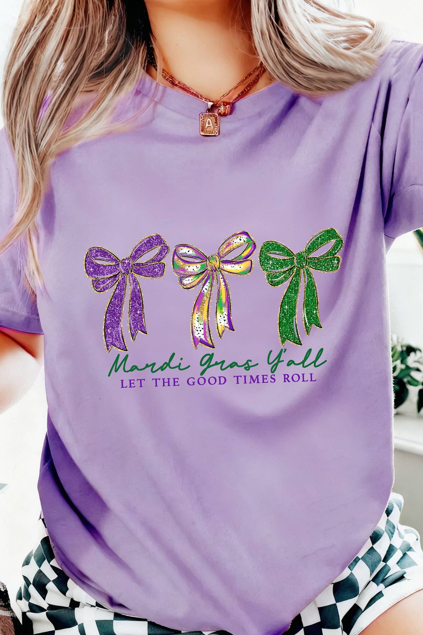 Mardi Gras Ribbon Bow Slogan Printed Casual T Shirt (S-3XL)