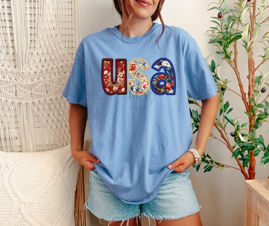 Exclusive USA Floral Faux Embroidery T-Shirt