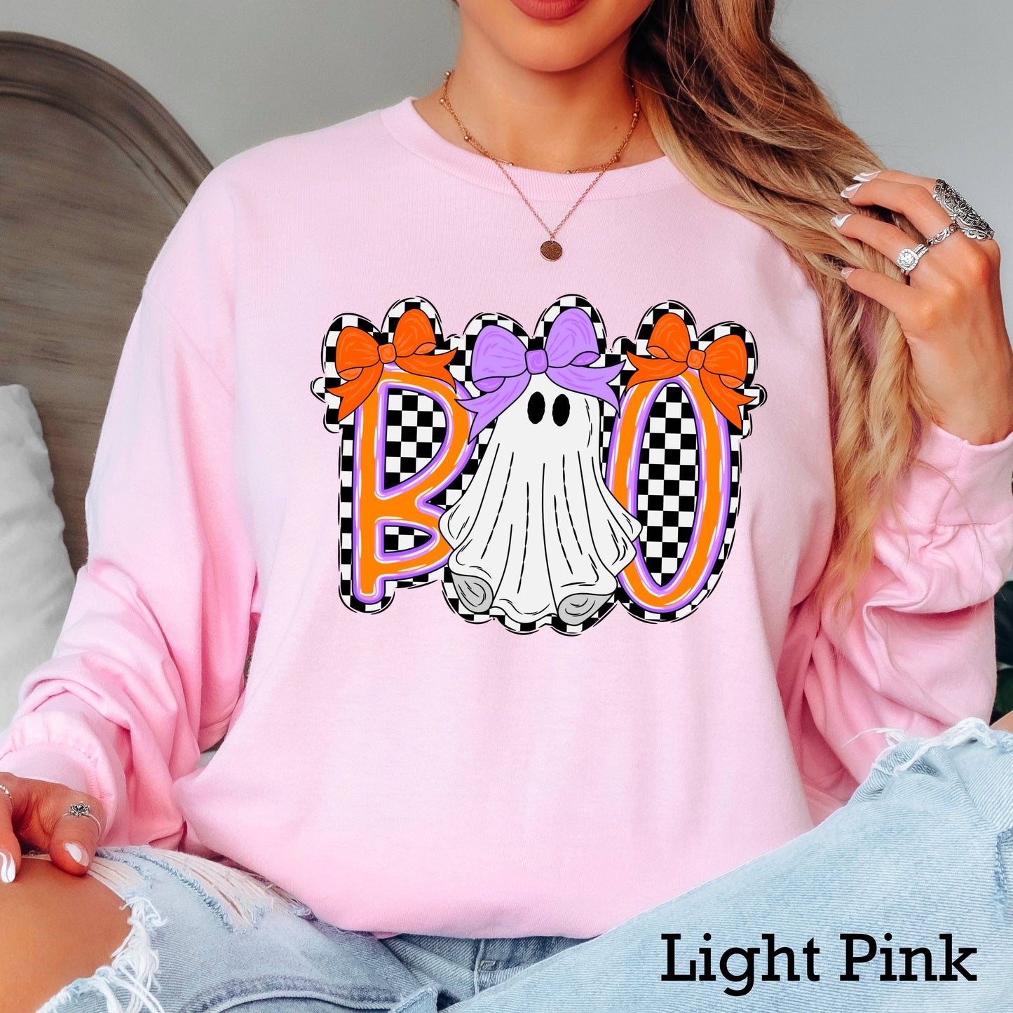 Halloween 2025 Checkered Boo Long Sleeve Shirt | Gildan