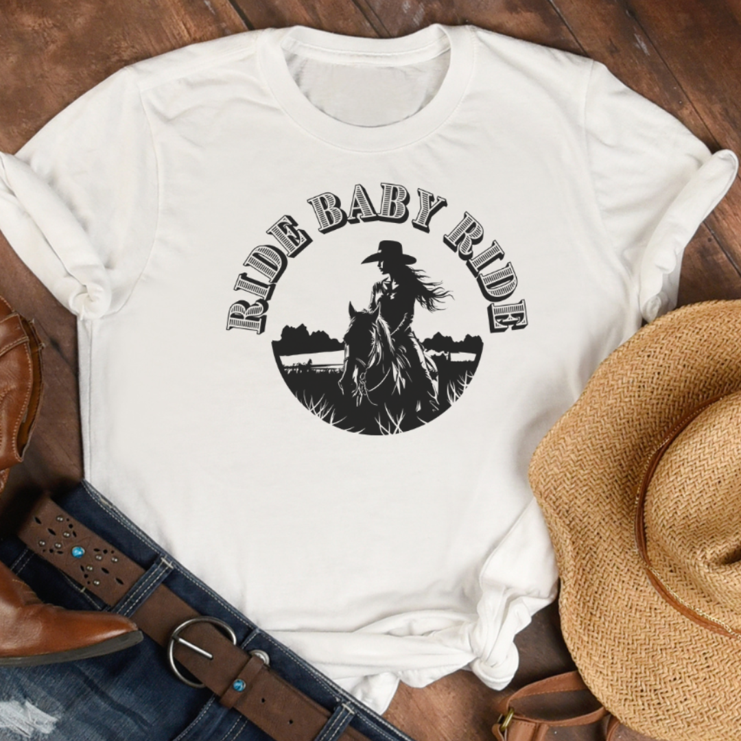 Ride Baby Ride Western Cowgirl Rodeo Graphic Tee