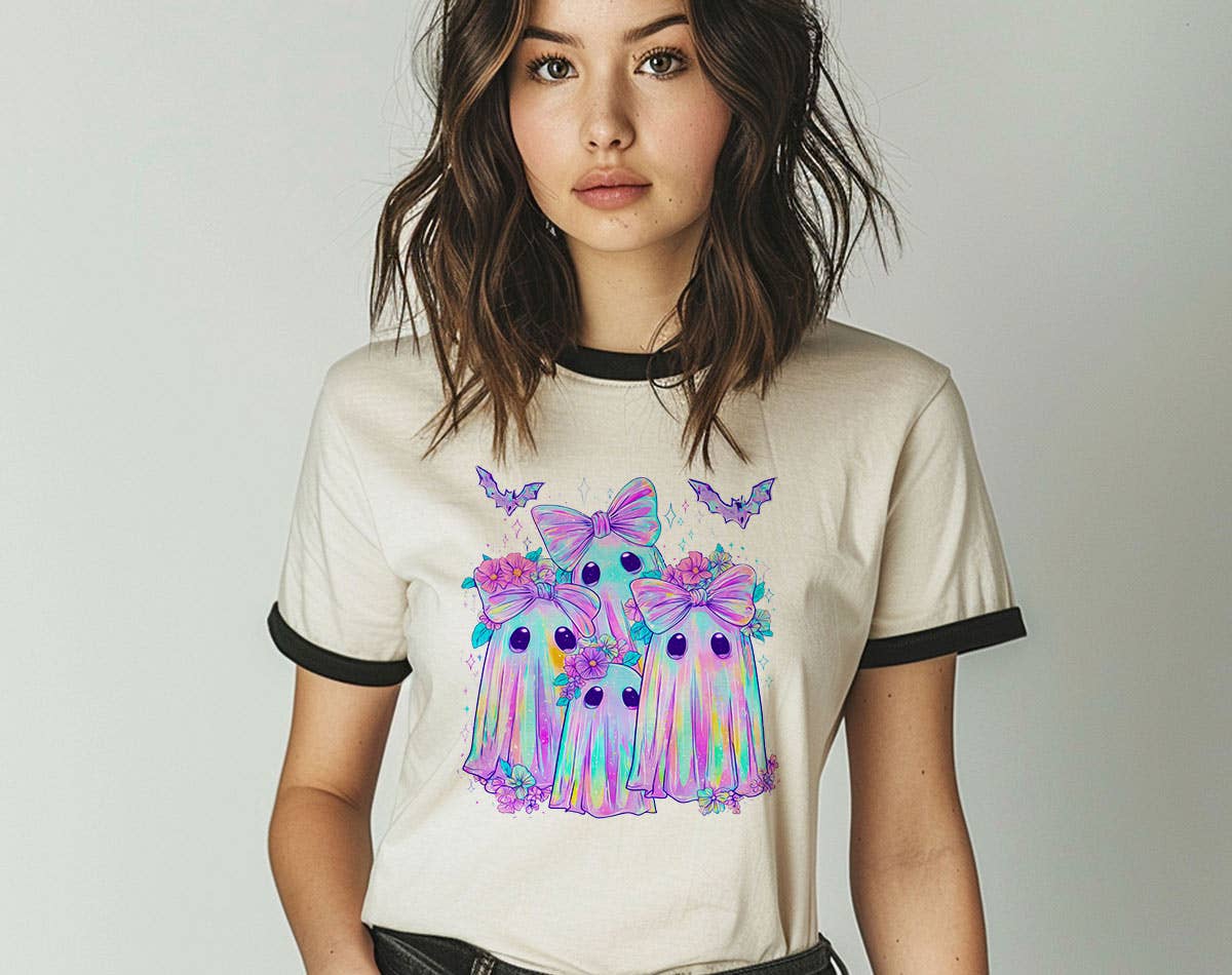 Iridescent Ghost Bow - Cute Neon Halloween Ringer Shirt