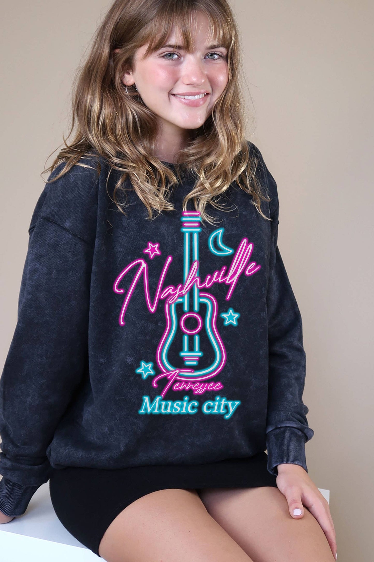 Neon Nashville Music City Mineral Graphic Brushed Sweatshirt