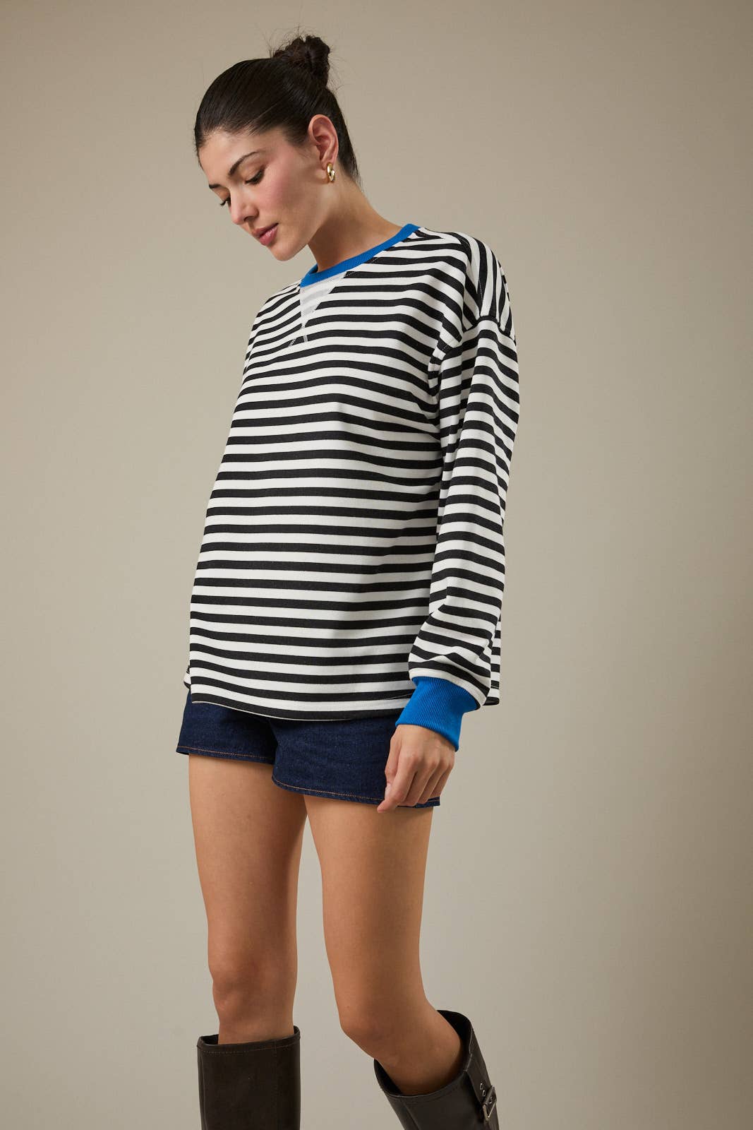 Crew Neck Long Sleeve Color Block Detailed Stripe Sweatshirt