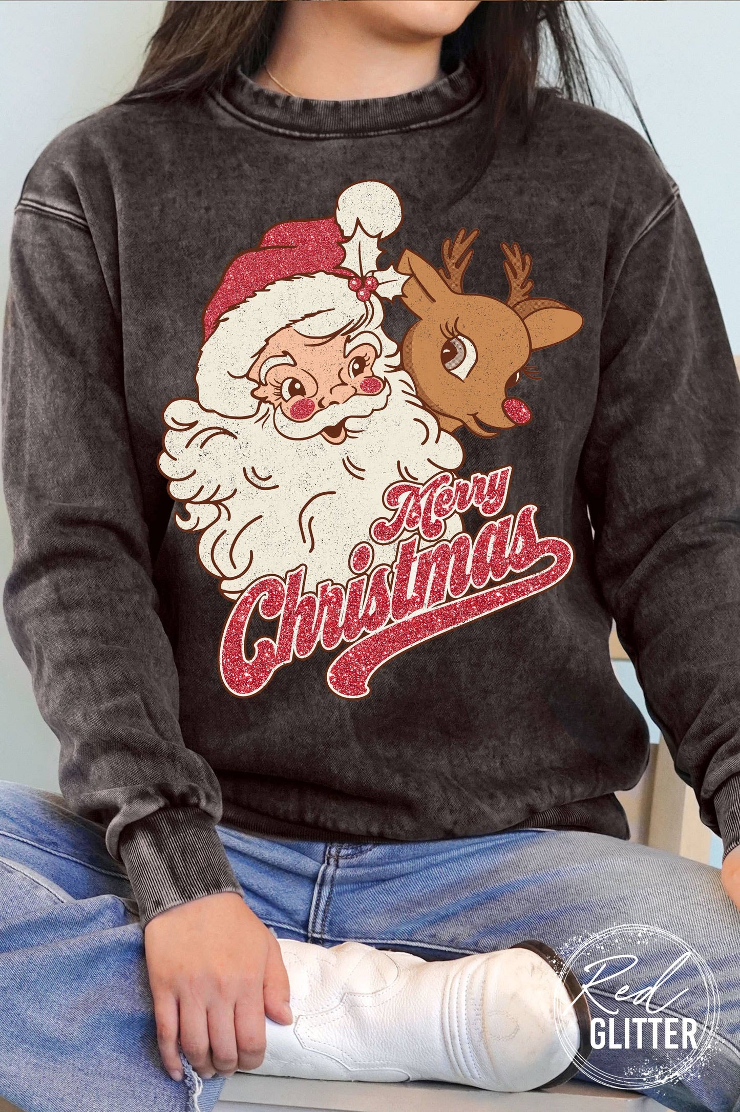 Merry Christmas Santa Rudolph Glitter Mineral Sweatshirt