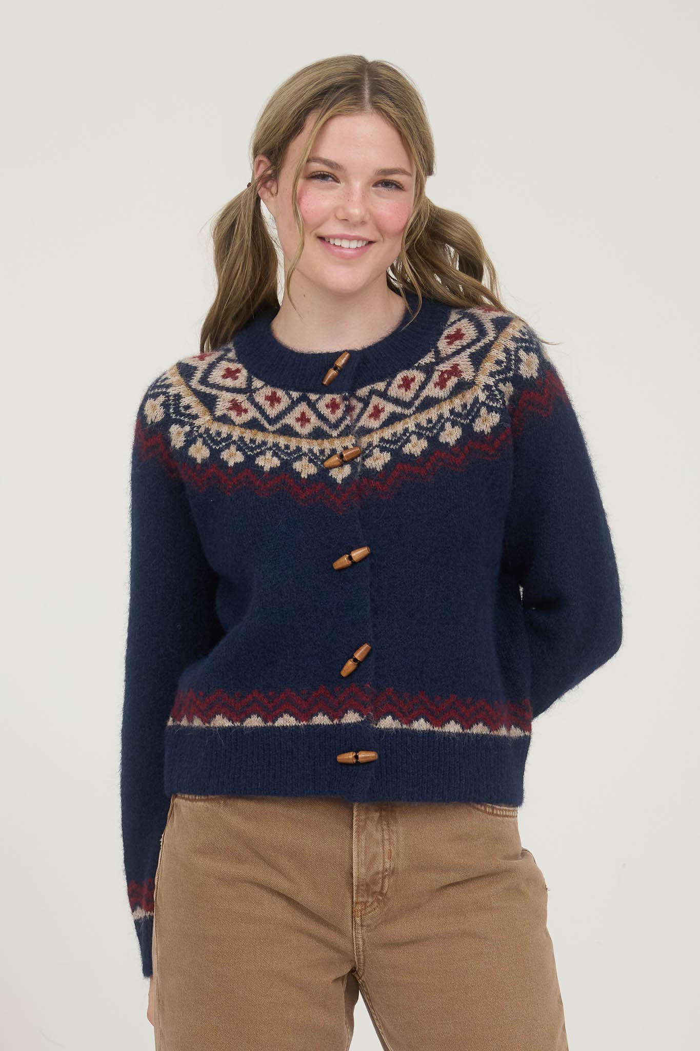 Faire Isle Toggle Button Knit Cardigan Sweater