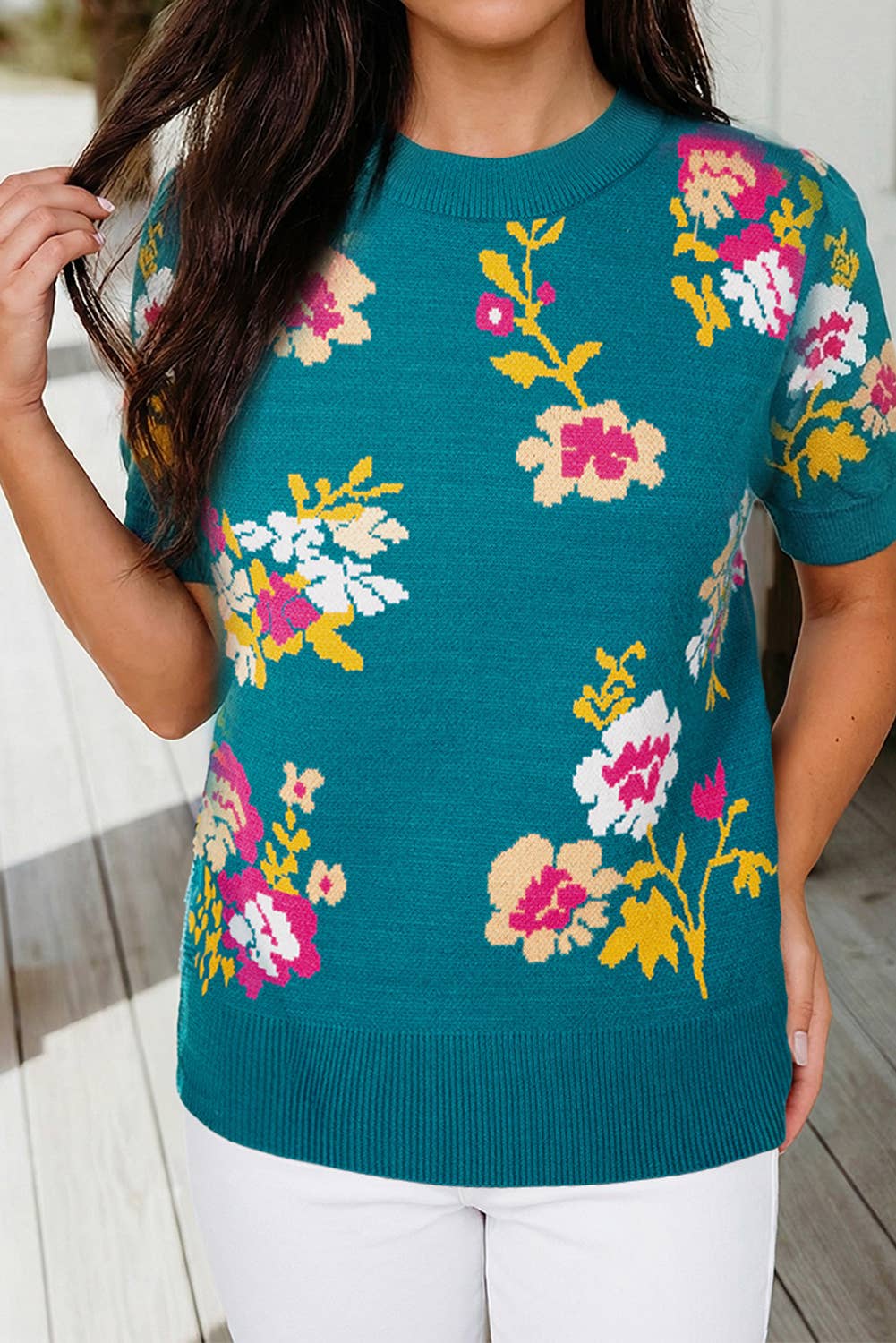 Floral Pattern Mock Neck Short Sleeve Knitted T Shirt (S-Xl)