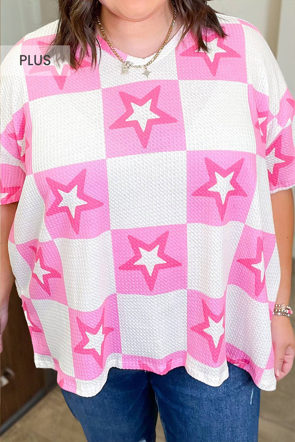 Star Checkered Print Plus Size Breathable Textured Tee