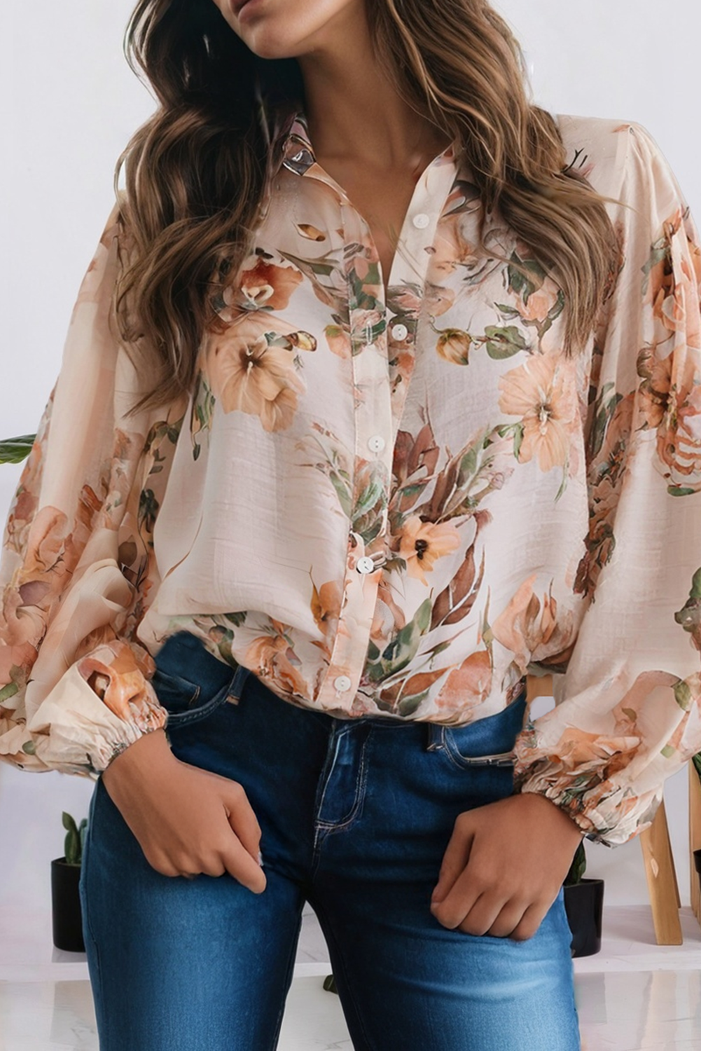 Floral Puff Sleeve Lightweight Shirt (S-Xl)