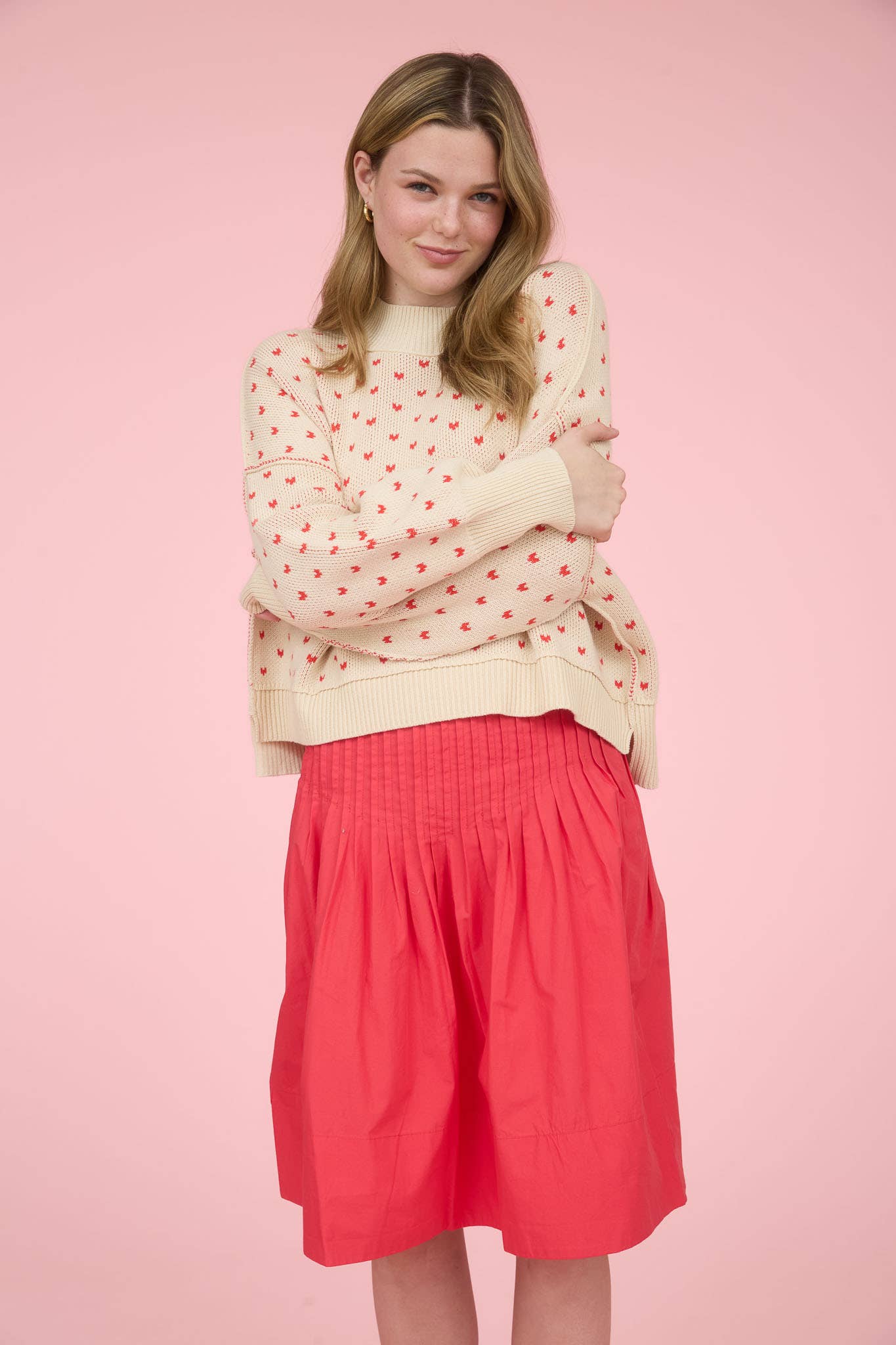Heart Pattern Drop Shoulder Knit Pullover Sweater