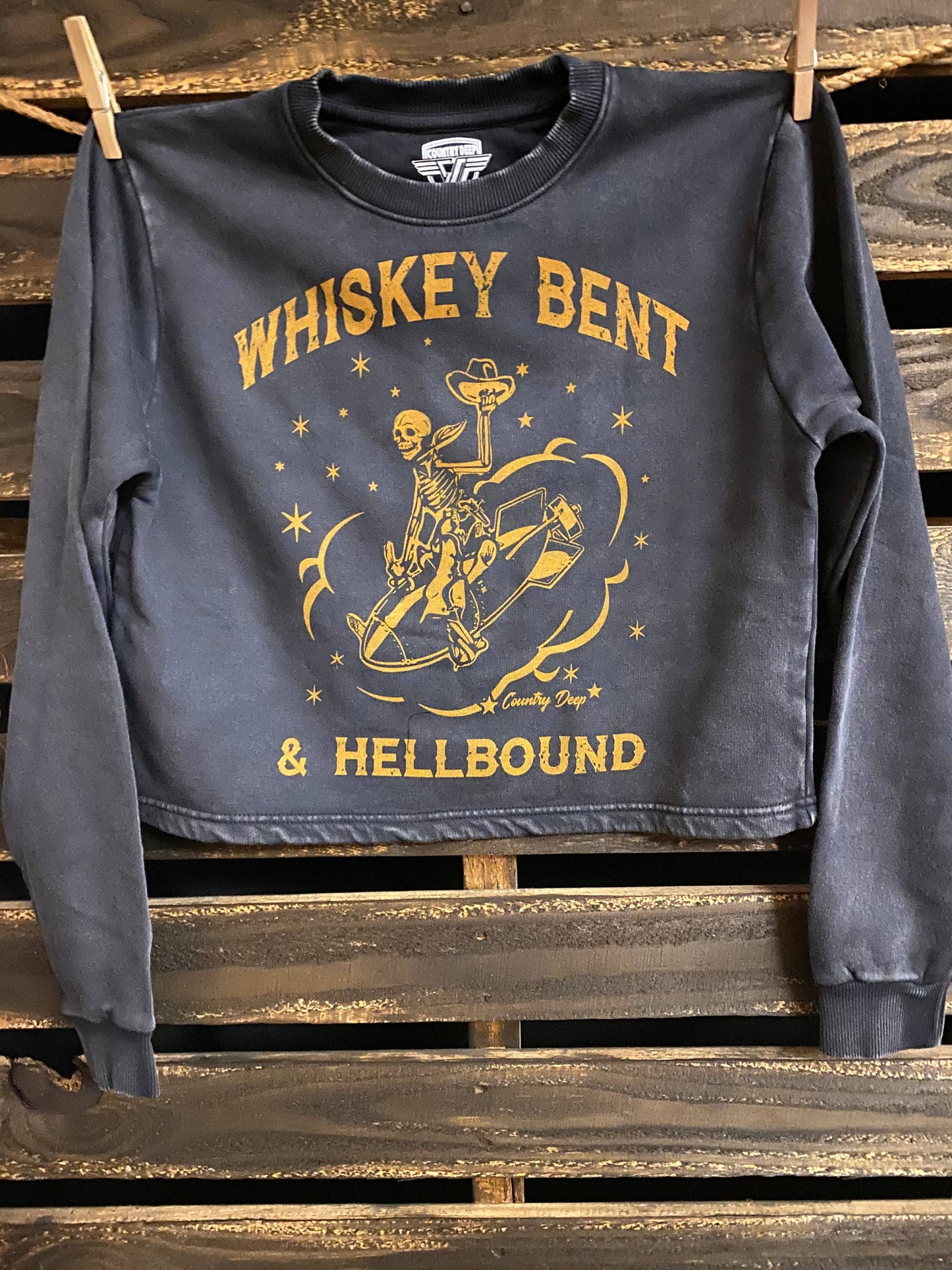 Whiskey Bent Hellbound Acid Wash Cropped Crew Sweatshirt