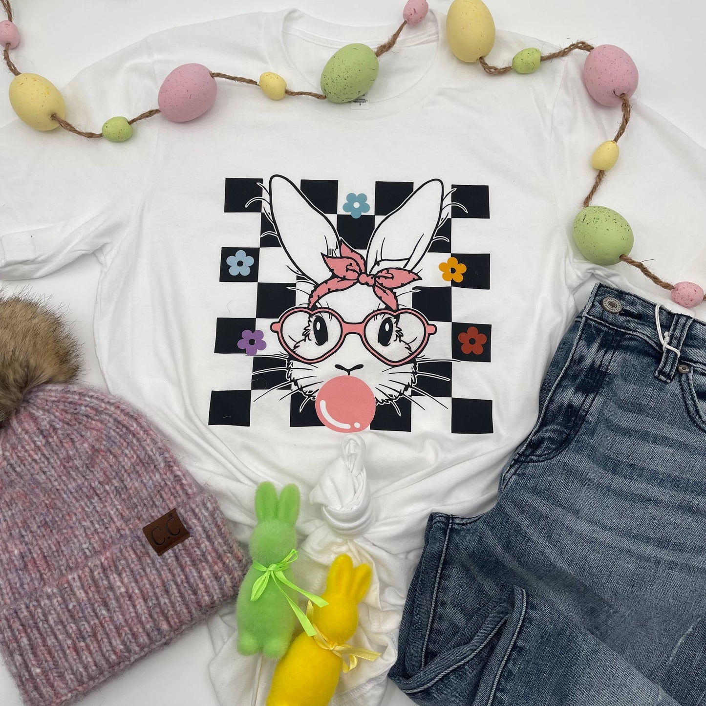 Checkered Bubblegum Bunny Tee