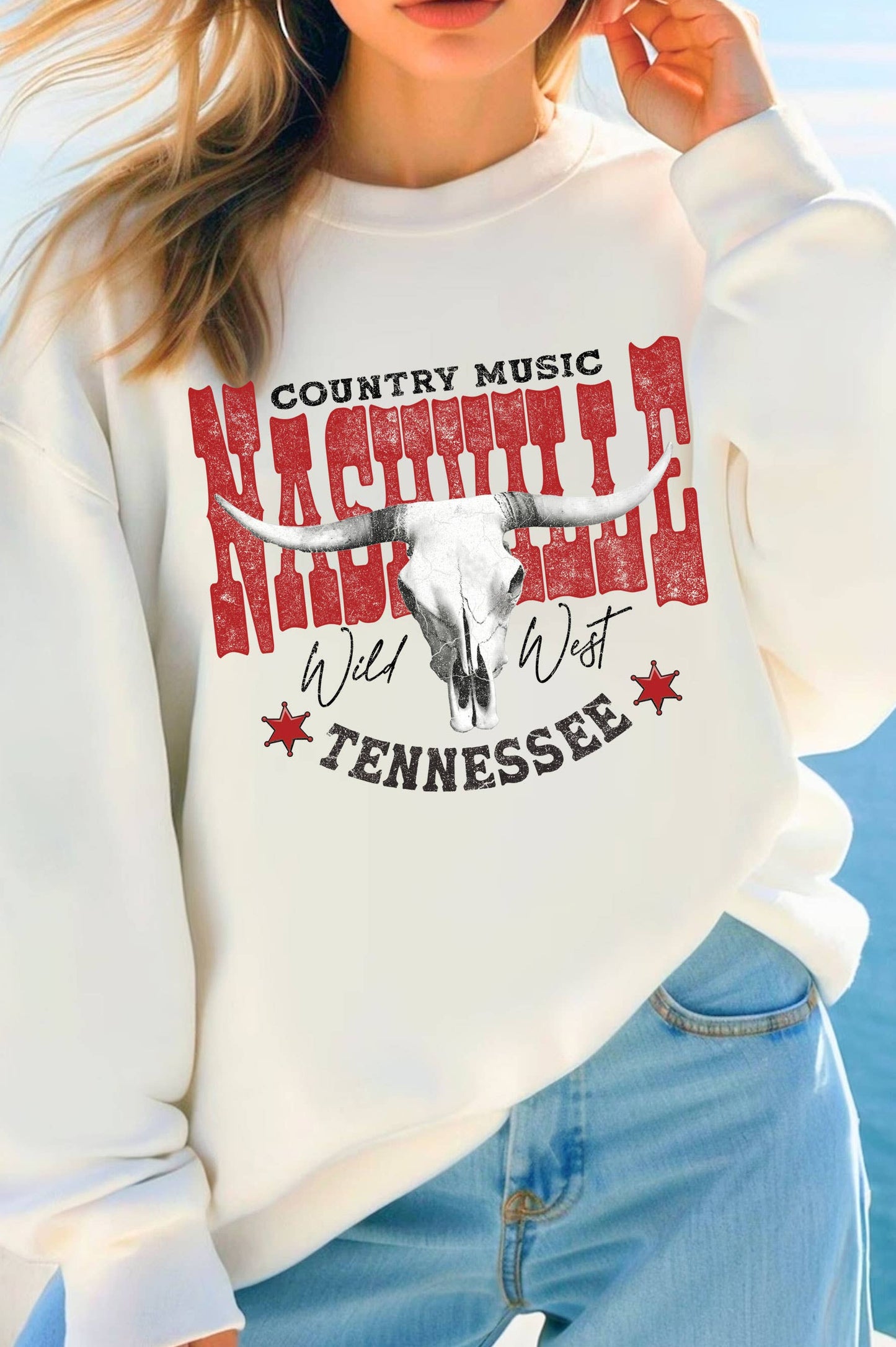 Nashville Country Music Cow Skull Graphic Brushed Sweatshirt