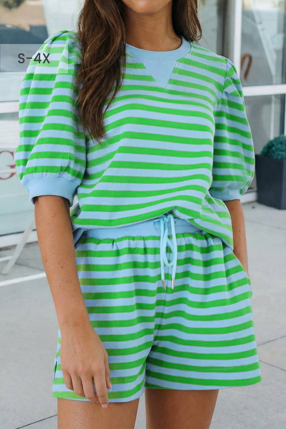 Stripe Puff Short Sleeve T Shirt Matching Shorts Set (S-4X)