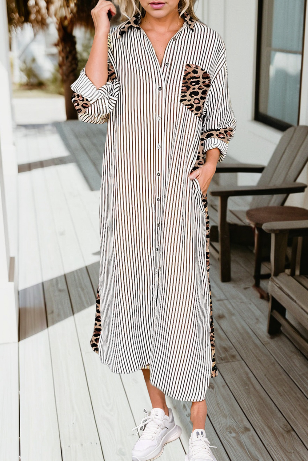 Stripe Contrast Leopard Patchwork Long Shirt Dress (S-Xl)