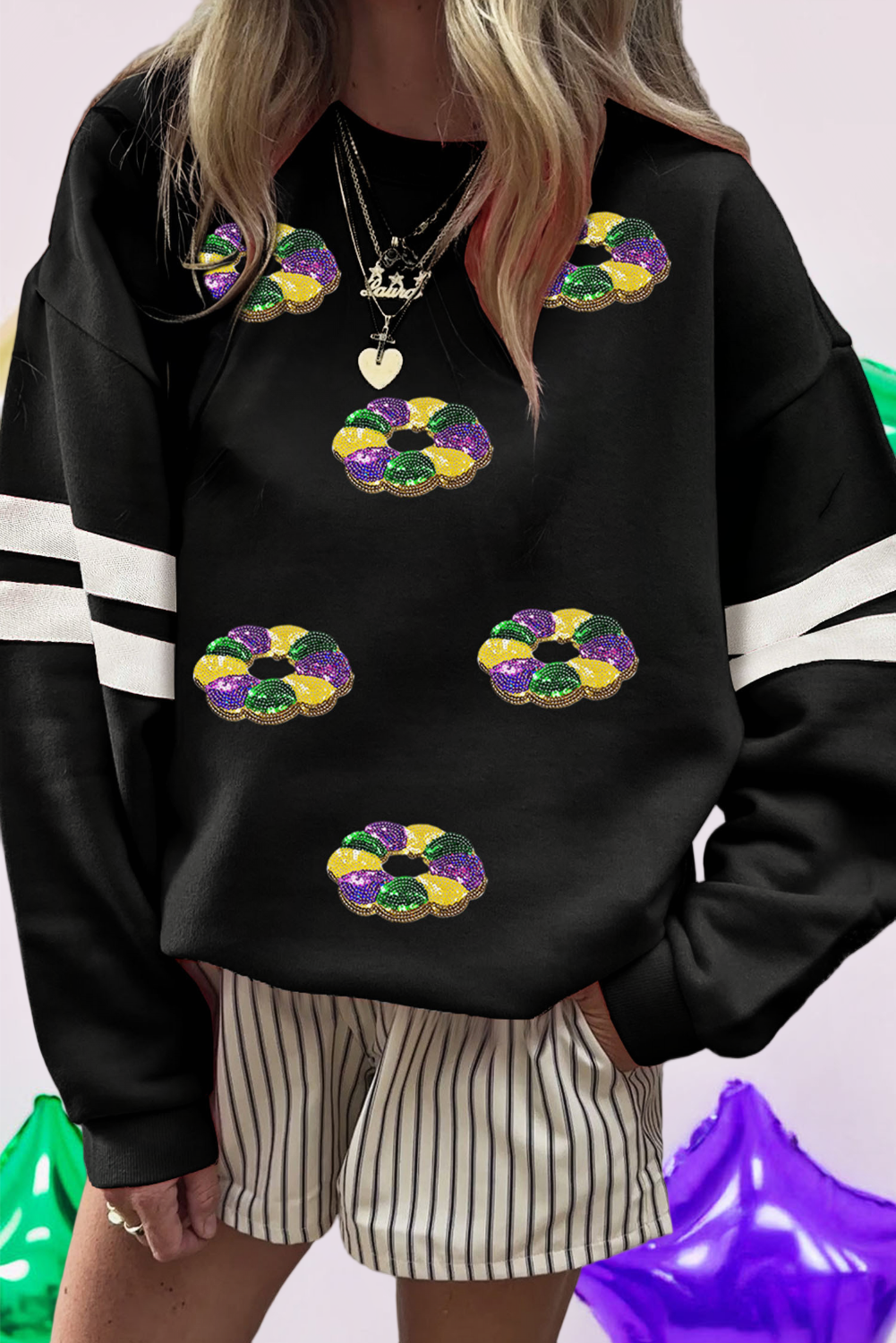 Mardi Gras Donuts Sequin Patched Varsity Sweatshirt (S-Xl)