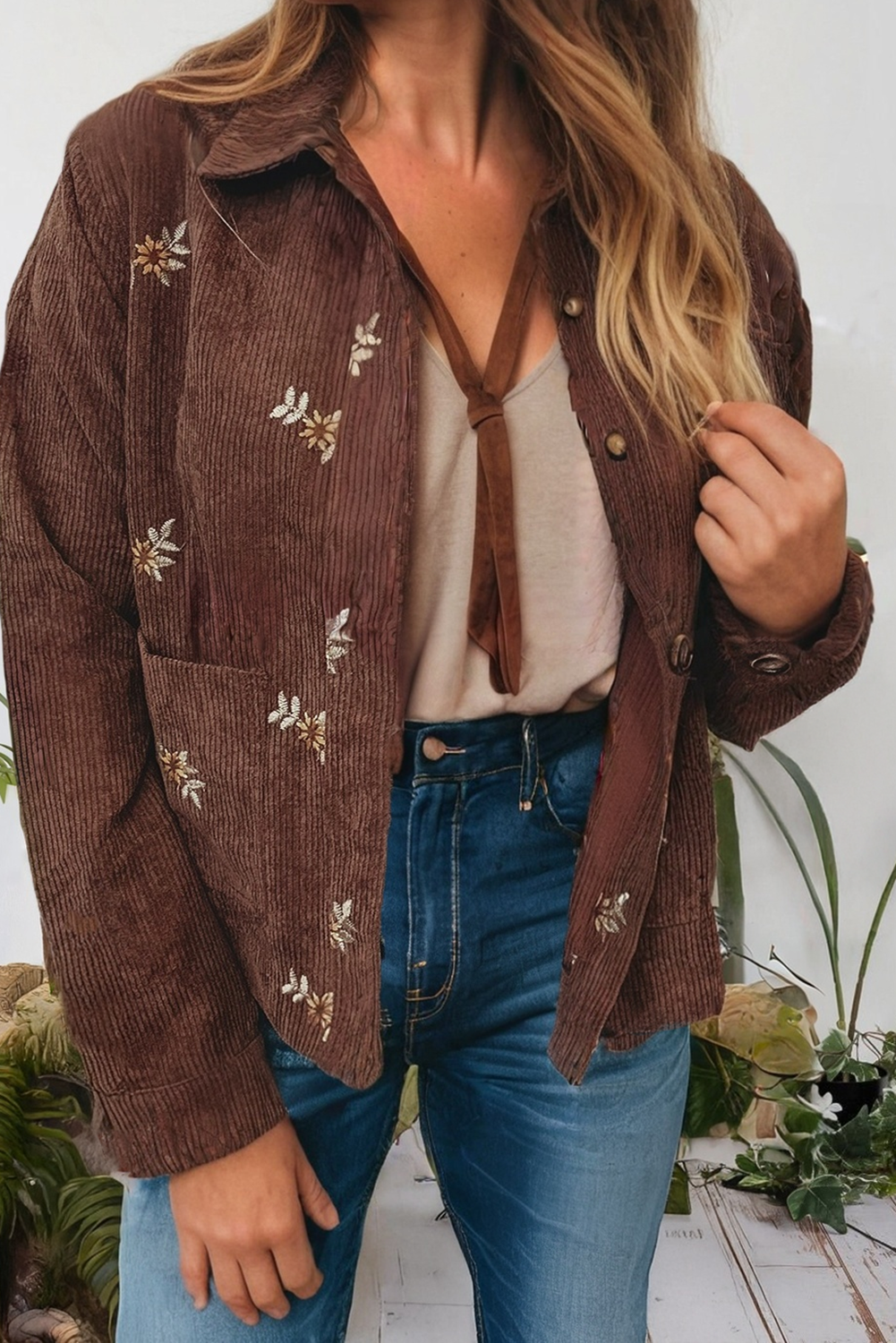 Floral Embroidered Collar Button Down Corduroy Jacket (S-Xl)