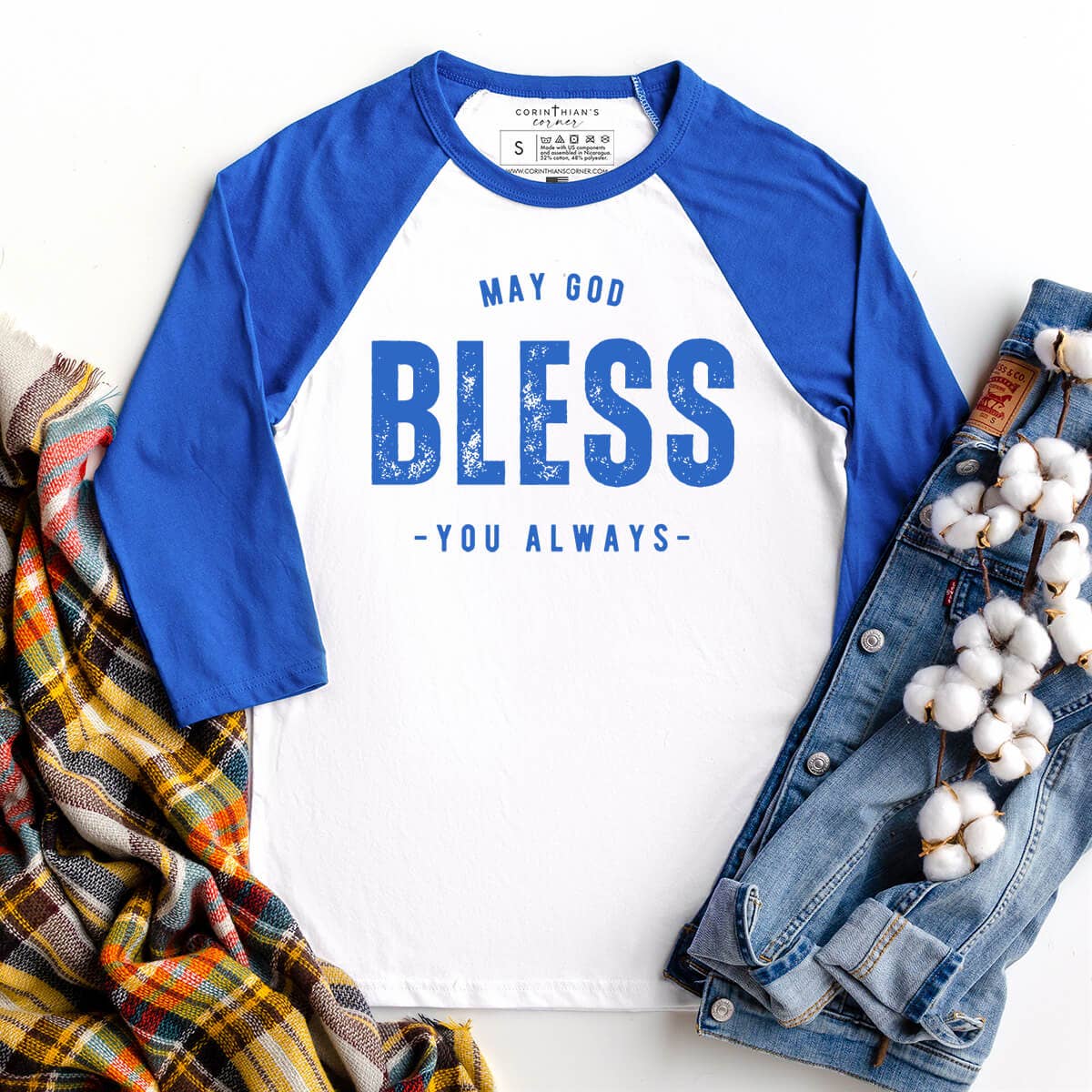 May God Bless You Always Raglan 3/4 Sleeve Christian T-Shirt
