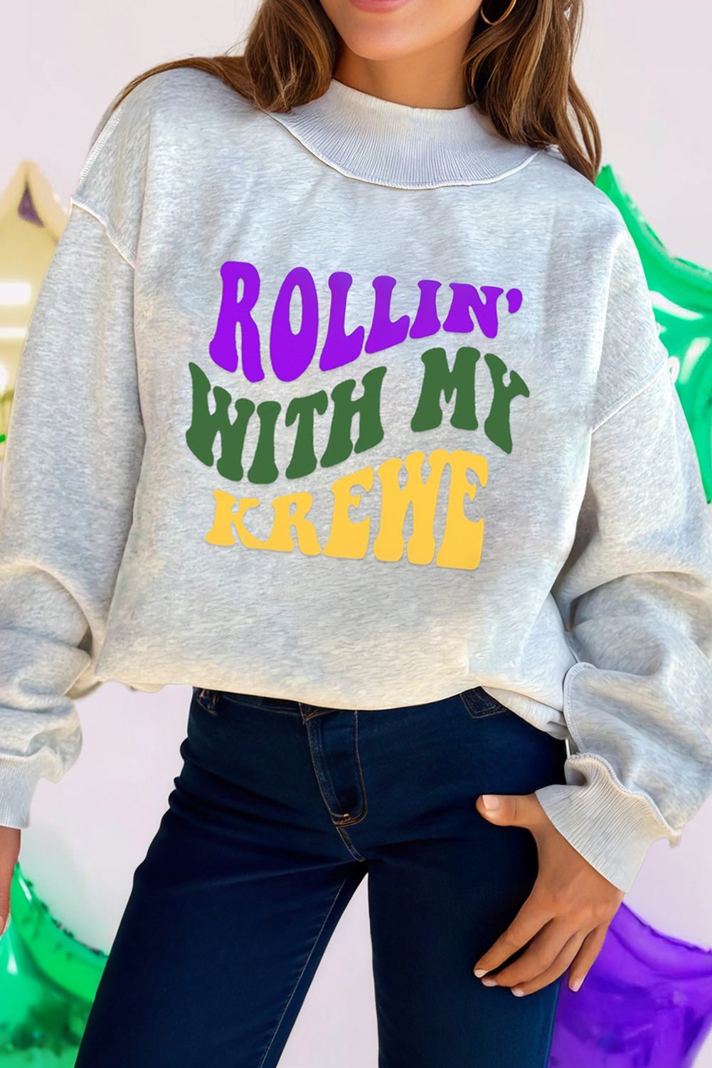 Rollin with My Krewe Letter Printed Casual Sweatshirt (S-Xl)