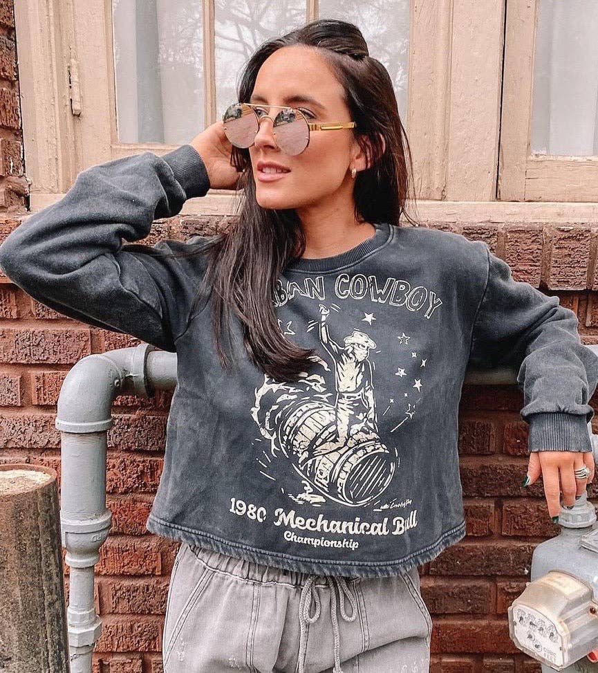 Urban Cowboy 1980's Mechanical Bull Cropped Crew Sweatshirt