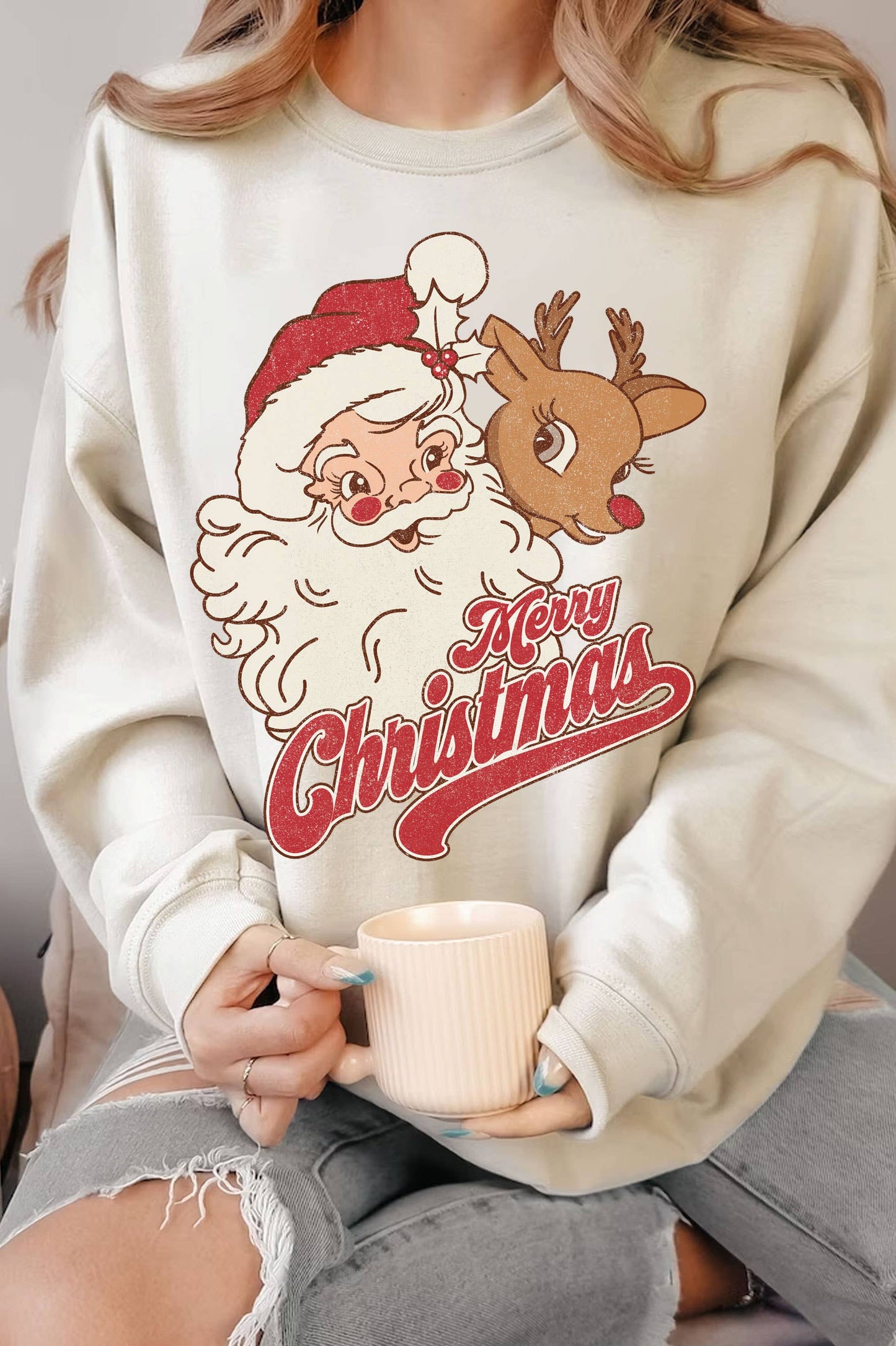 Santa and Rudolph Merry Christmas Graphic Brushed Sweatshirt