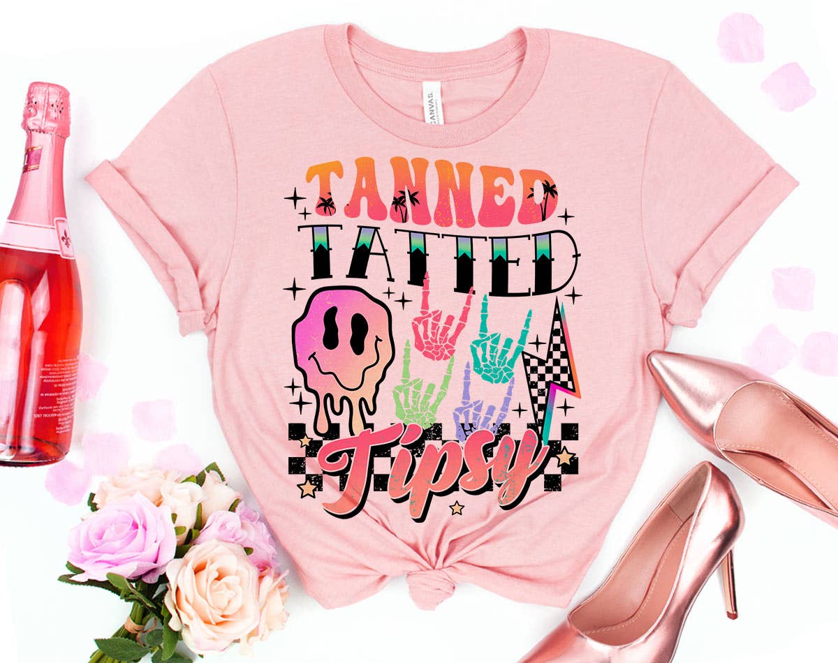 Tanned Tatted Tipsy - Beach Smiley Retro Summer T-Shirt