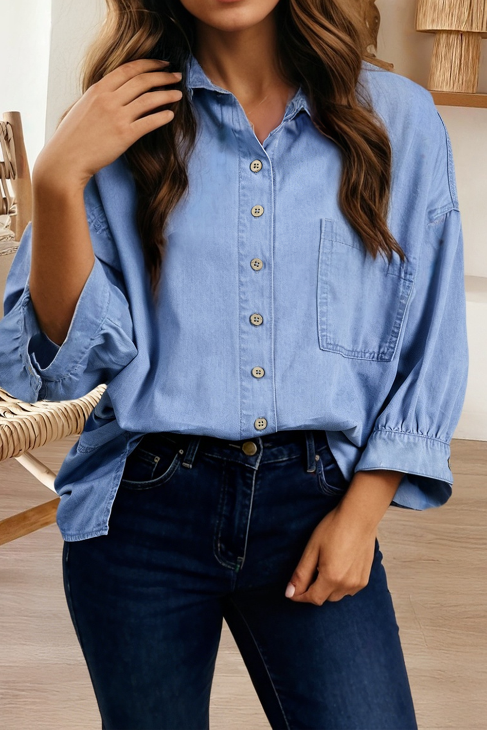 Washed Drop Shoulder Bracelet Sleeve Chambray Shirt (S-Xl)